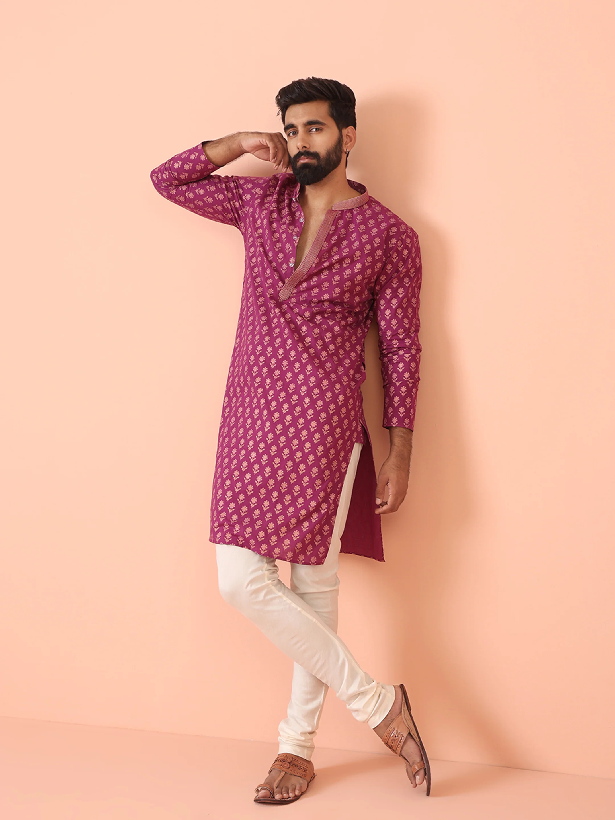 Men Pink Printed Kurta Churidar Set - Image 7