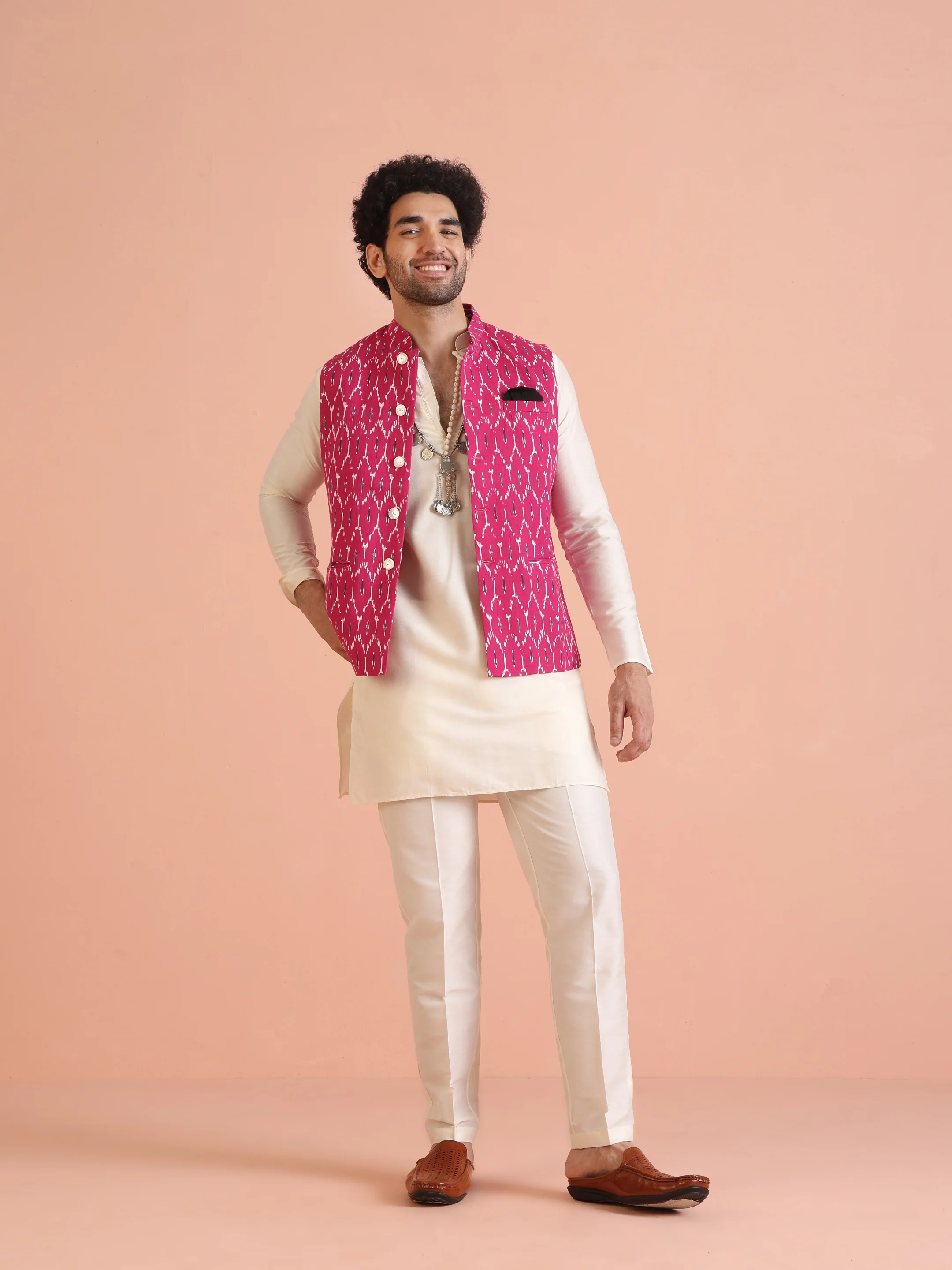 Pink Printed Jacket Kurta Trouser Set