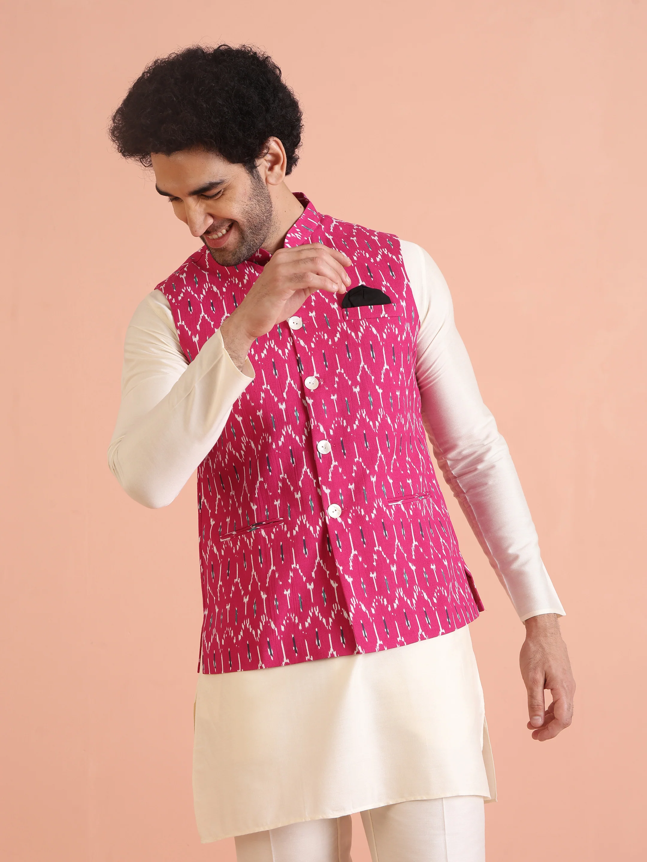Pink Printed Jacket Kurta Trouser Set - Image 6