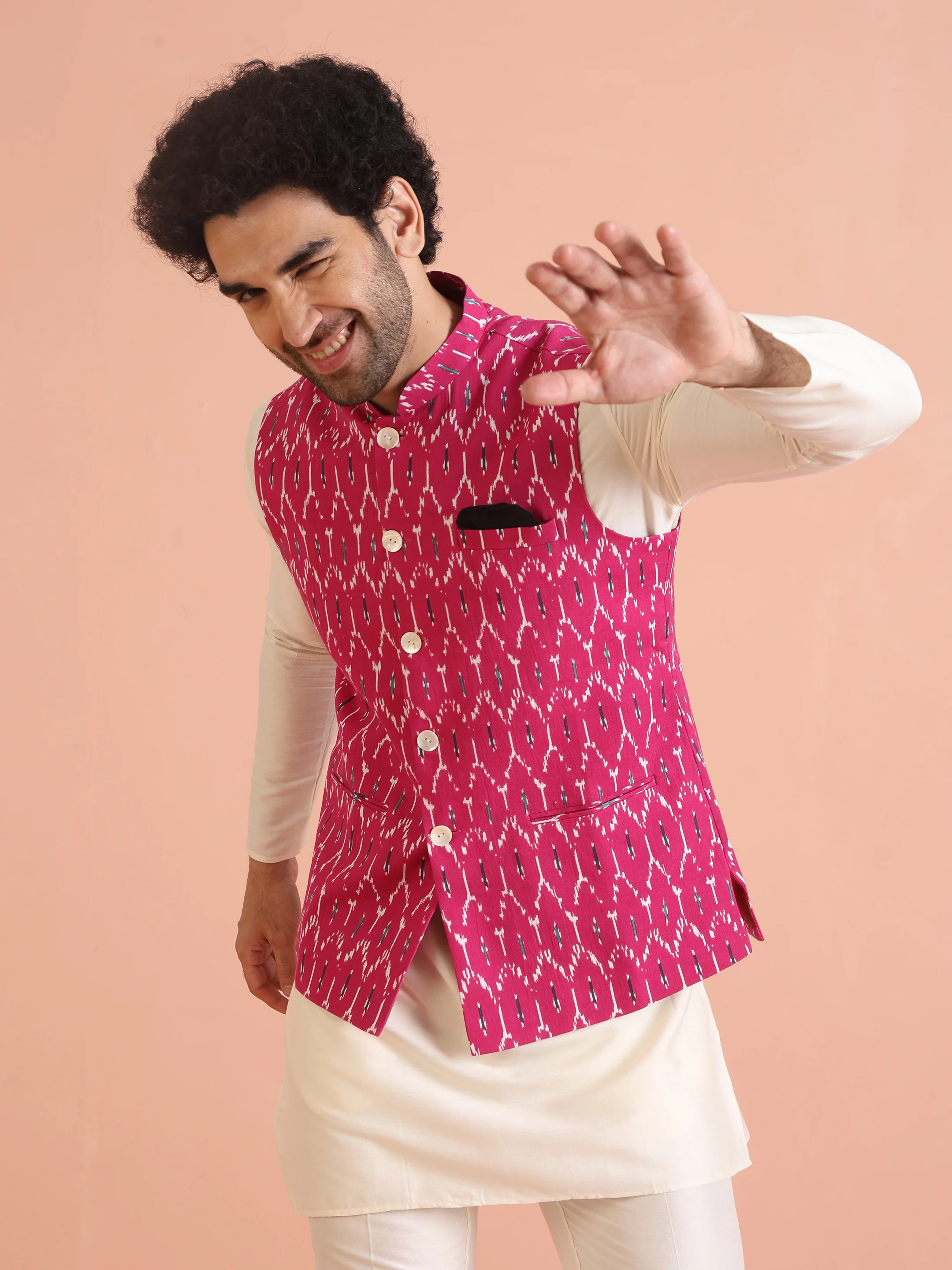 Pink Printed Jacket Kurta Trouser Set - Image 7