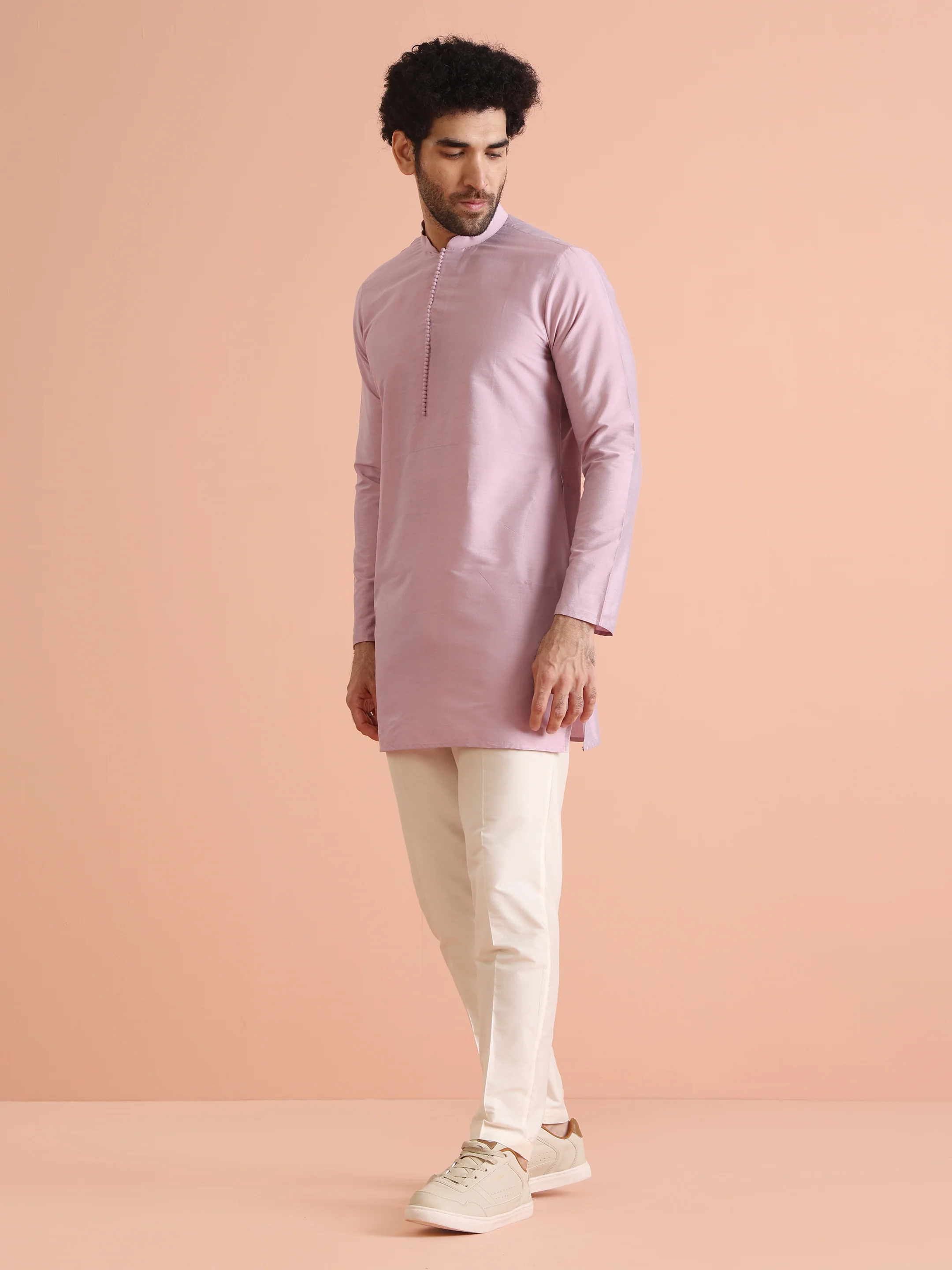 Pastel Pink Silk Blend Solid Mid Kurta - Image 2