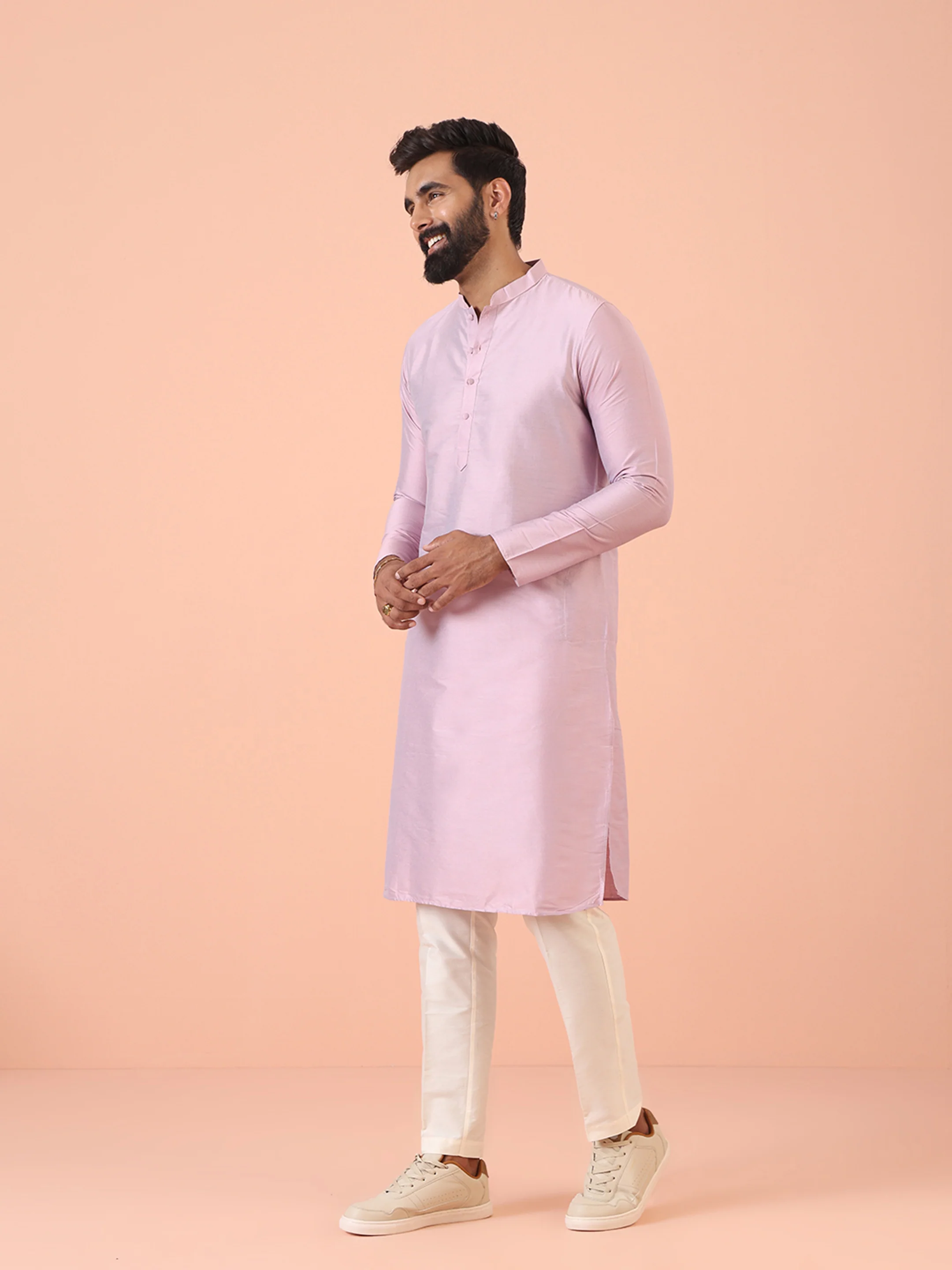 Men Pink Regular Fit Solid Kurta Trouser Set - Image 2