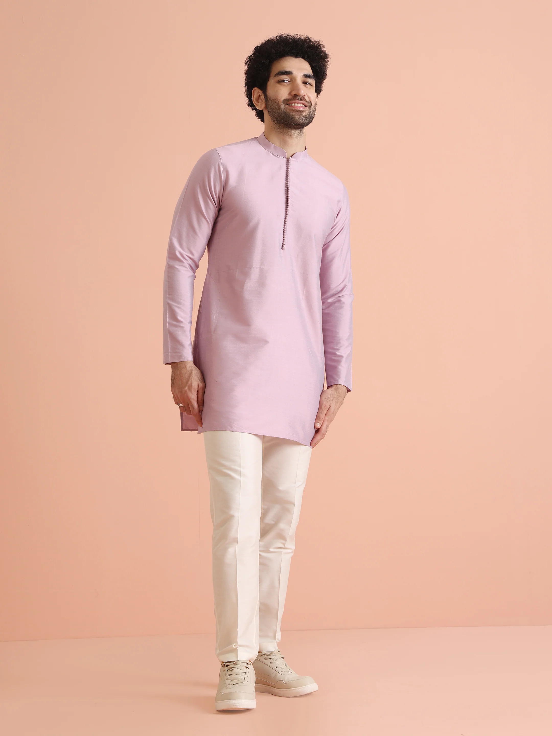 Lavender Silk Blend Solid Mid Kurta Trouser Set - Image 3