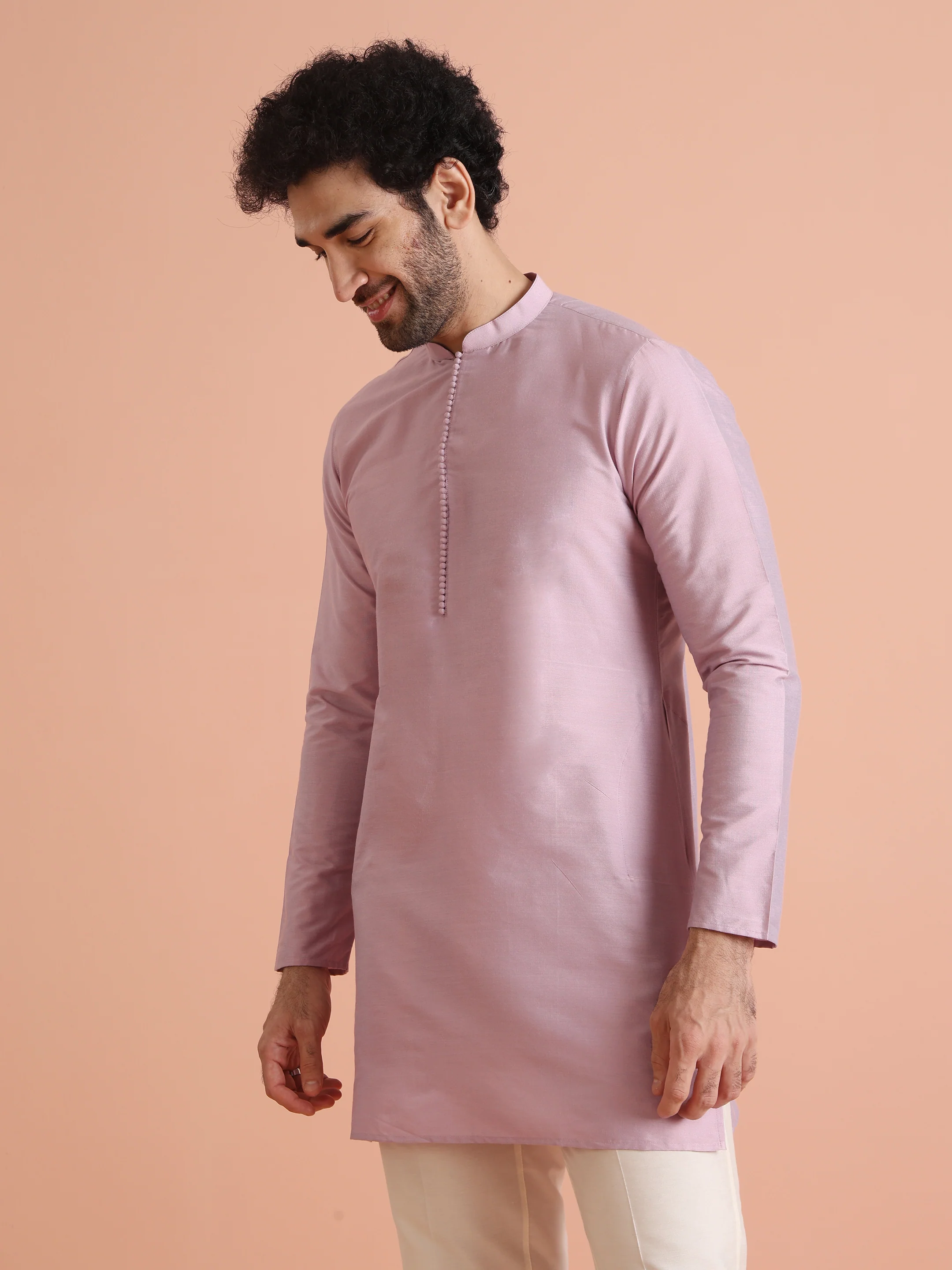 Lavender Silk Blend Solid Mid Kurta Trouser Set - Image 7