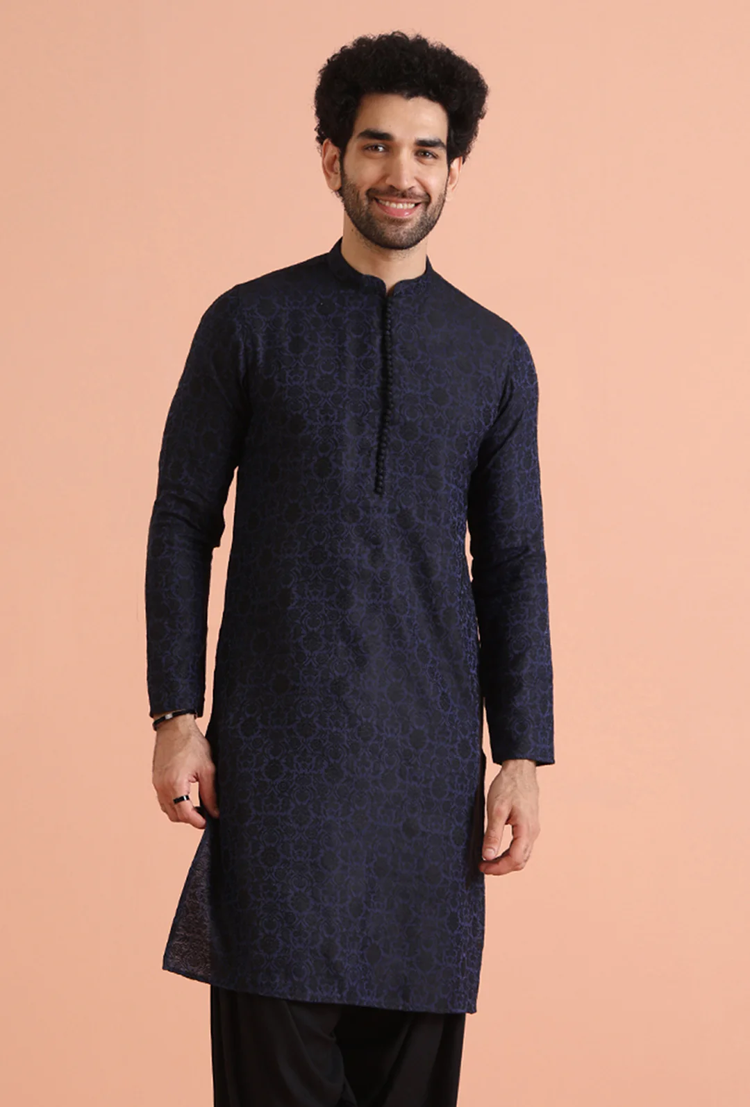 Navy Blue Jacquard Textured Kurta