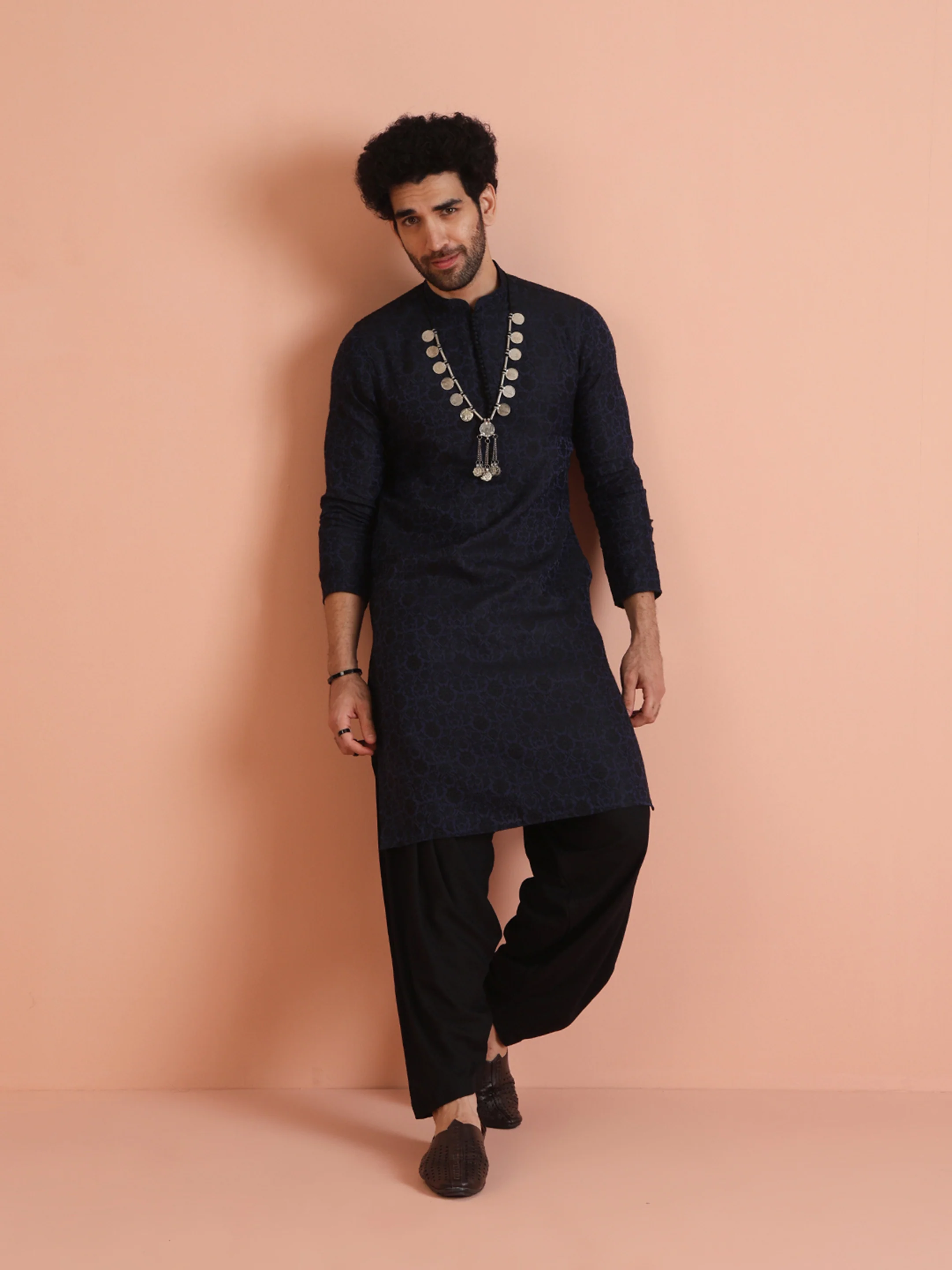 Navy Blue Jacquard Kurta Patiala Set - Image 7
