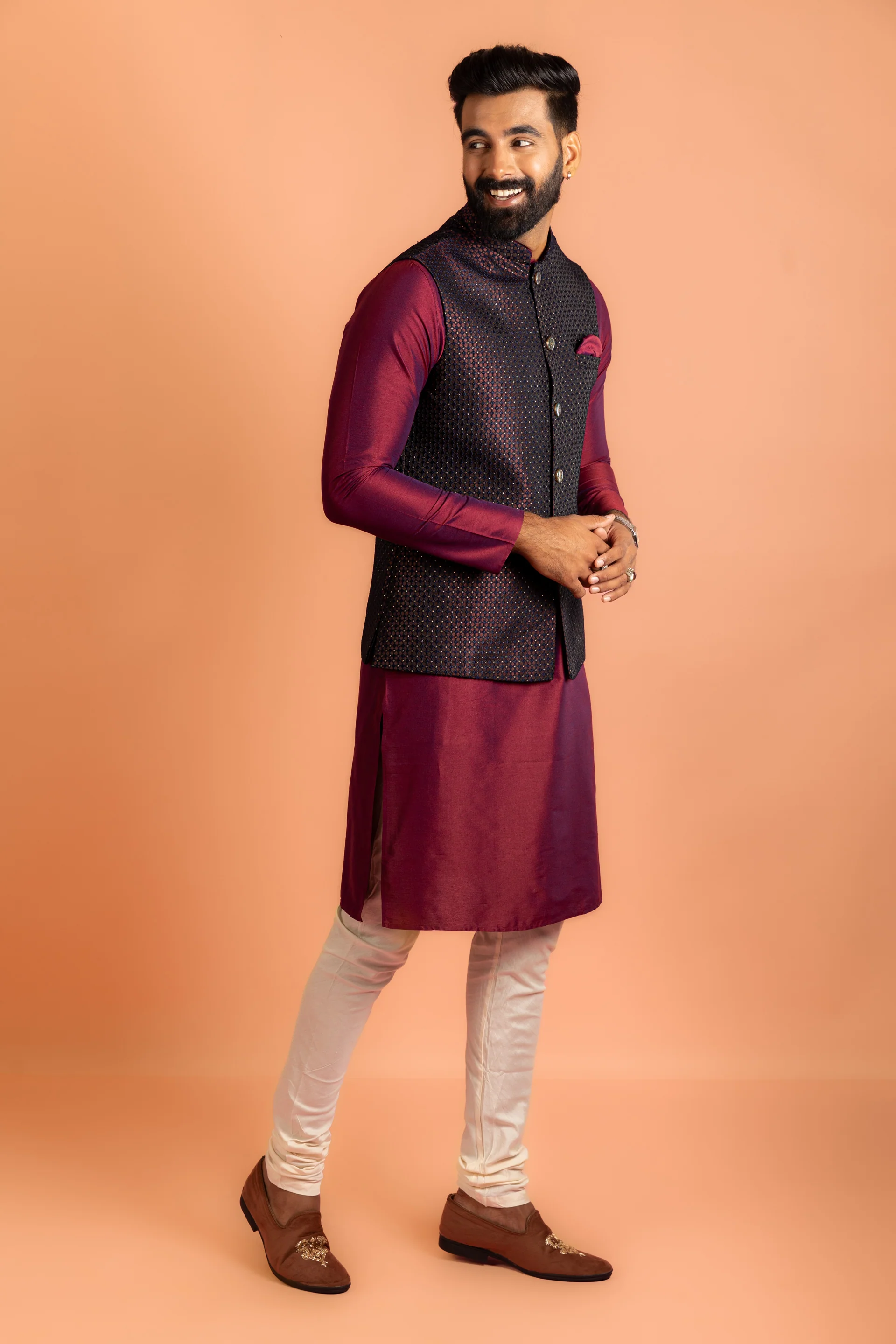 Wine Jacquard Nehru Jacket Kurta Churidar Set - Image 3