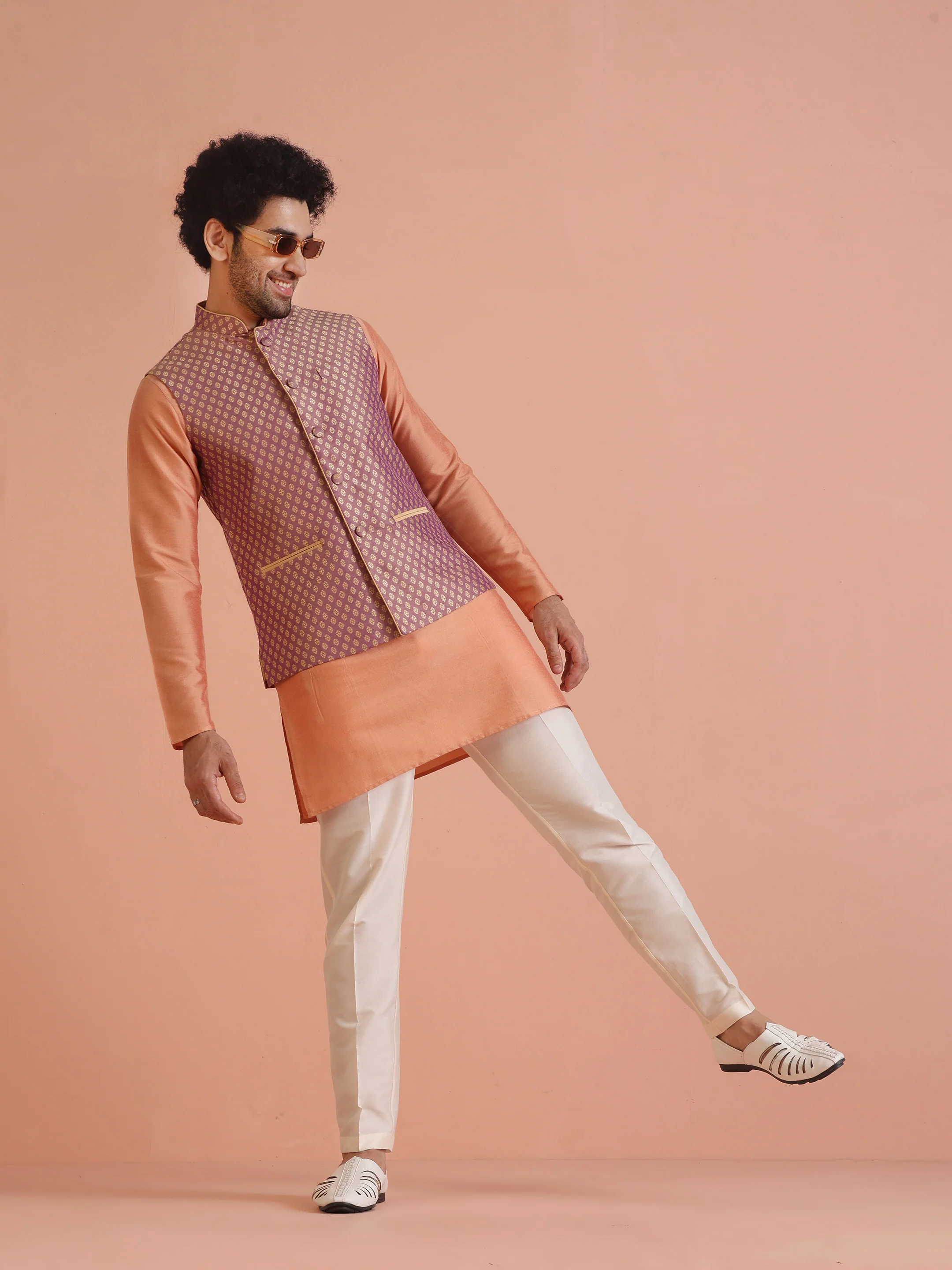 Men Purple Jacquard Kurta Jacket Trouser Set with Ethnic Motifs