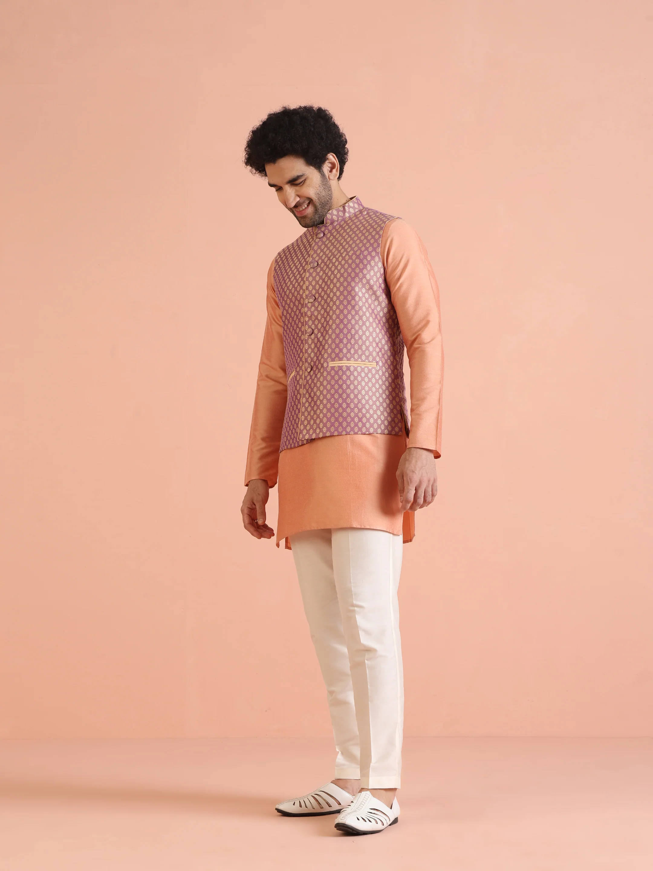 Men Purple Jacquard Kurta Jacket Trouser Set with Ethnic Motifs - Image 3