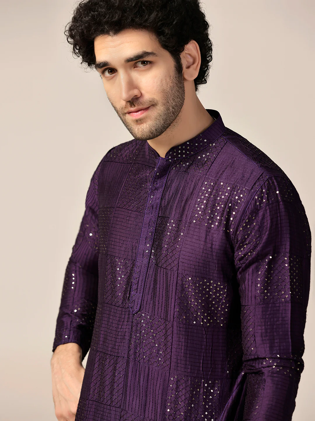 Purple Art Silk Mirror Work Long Kurta - Image 5
