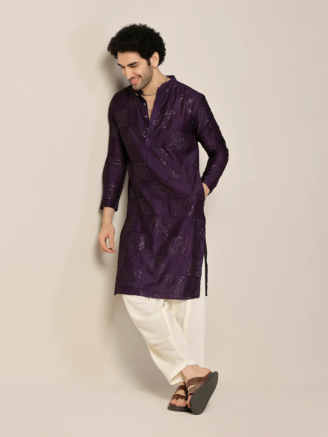 Purple Art Silk Mirror Work Long Kurta - Image 6