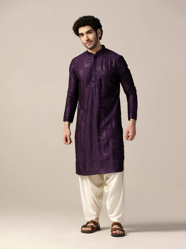 Purple Silk Blend Mirror Work Kurta Patiala - Image 2