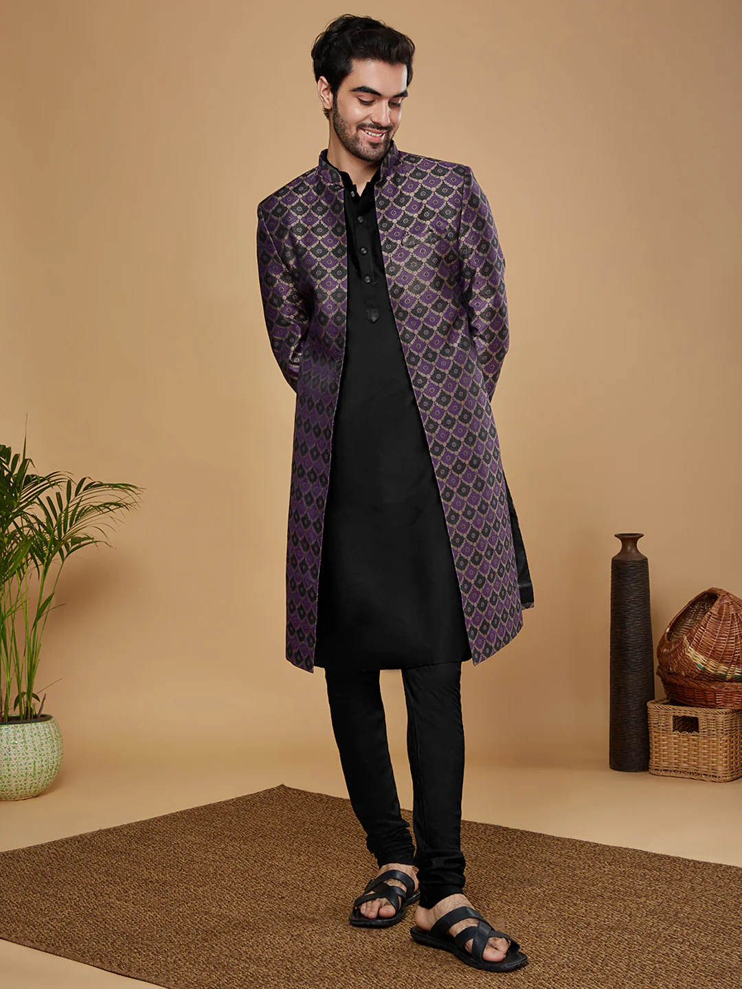 Men Purple Kurta Sherwani Churidar Set