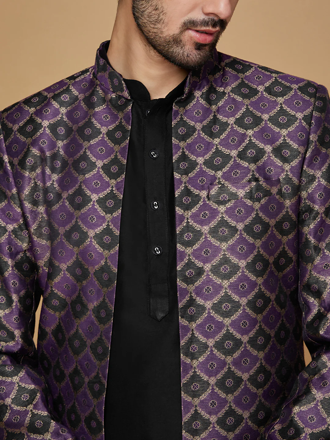 Men Purple Kurta Sherwani Churidar Set - Image 5