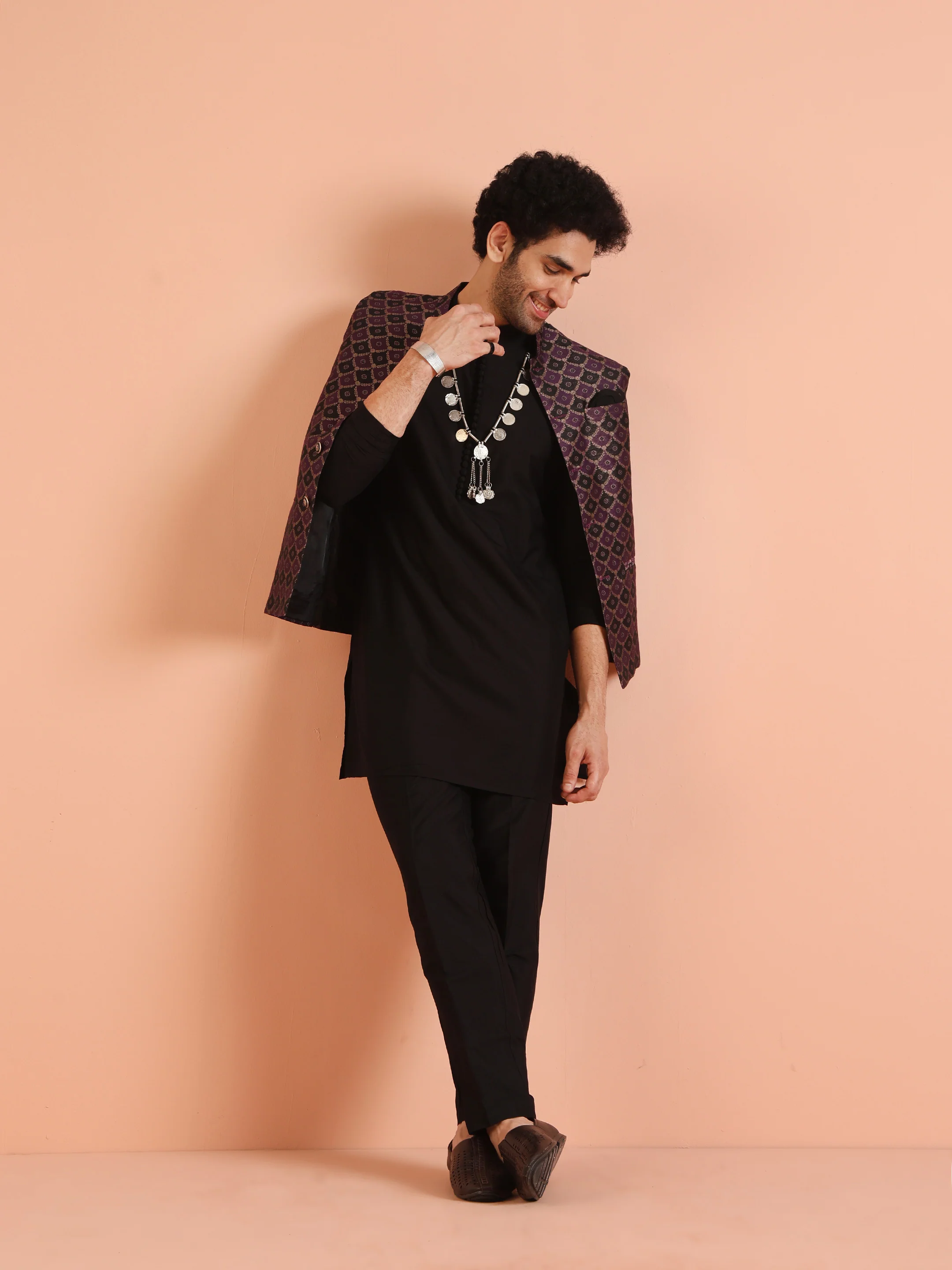 Purple Black Woven Nehru Jacket Kurta Trouser