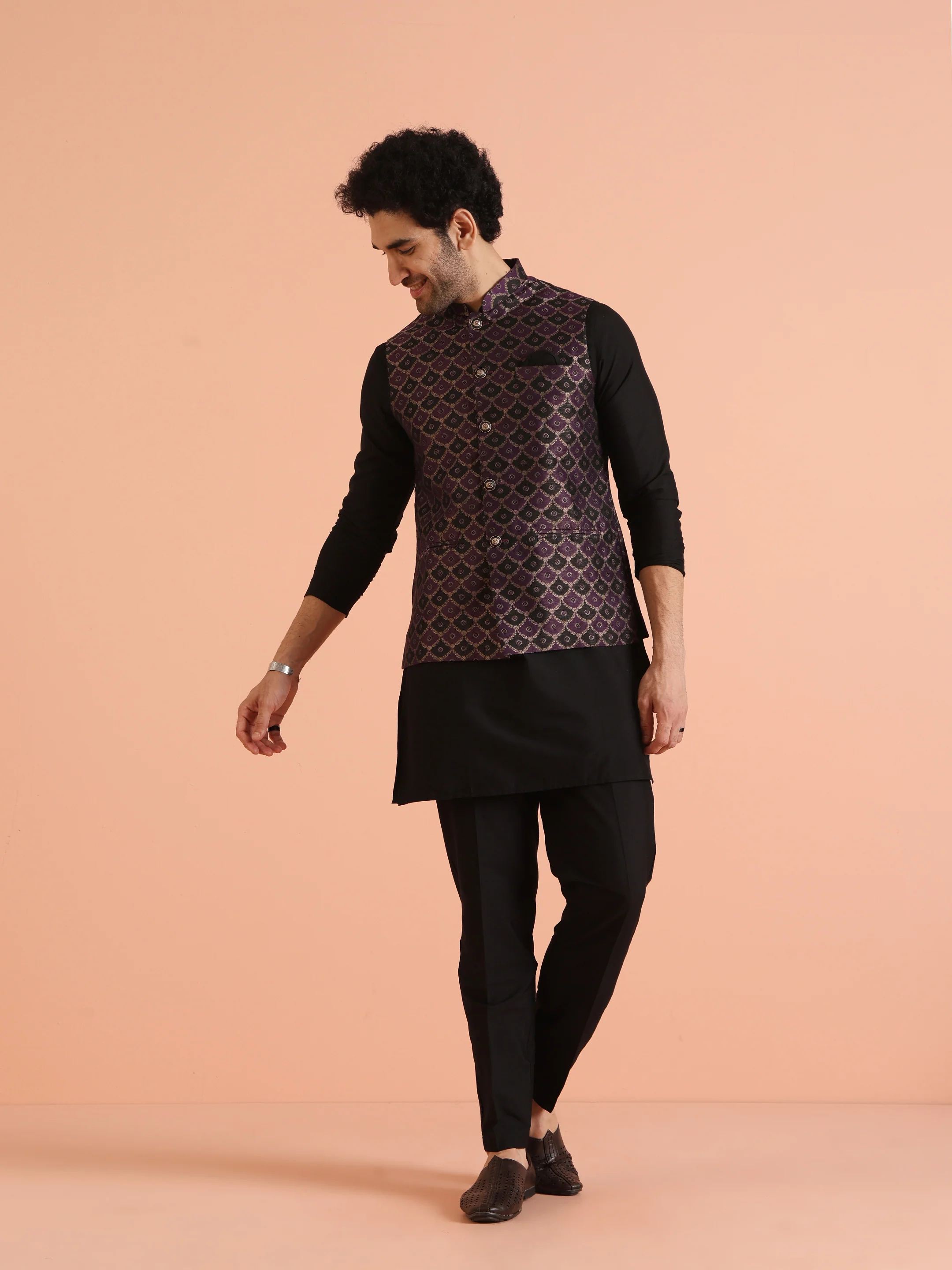 Purple Black Woven Nehru Jacket Kurta Trouser - Image 2