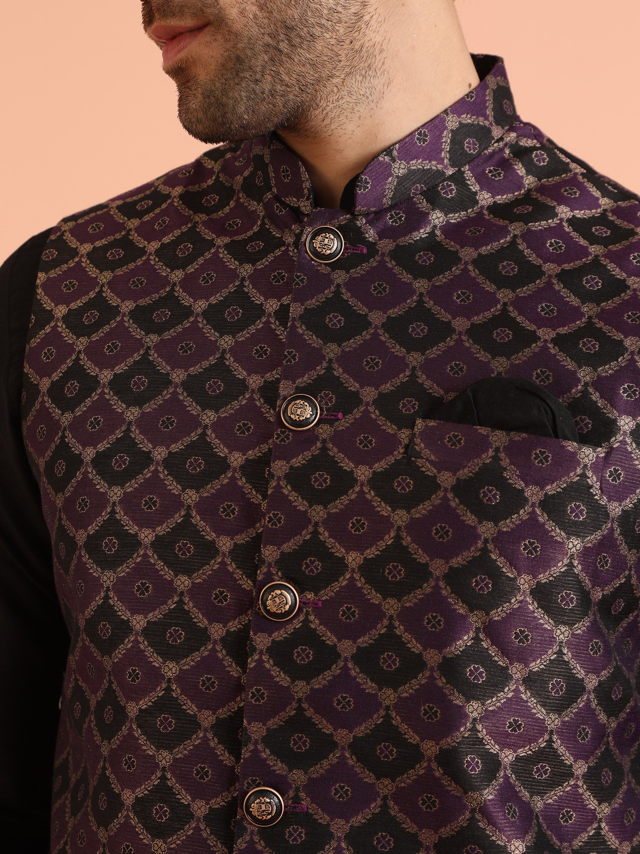 Purple Black Woven Nehru Jacket Kurta Trouser - Image 6