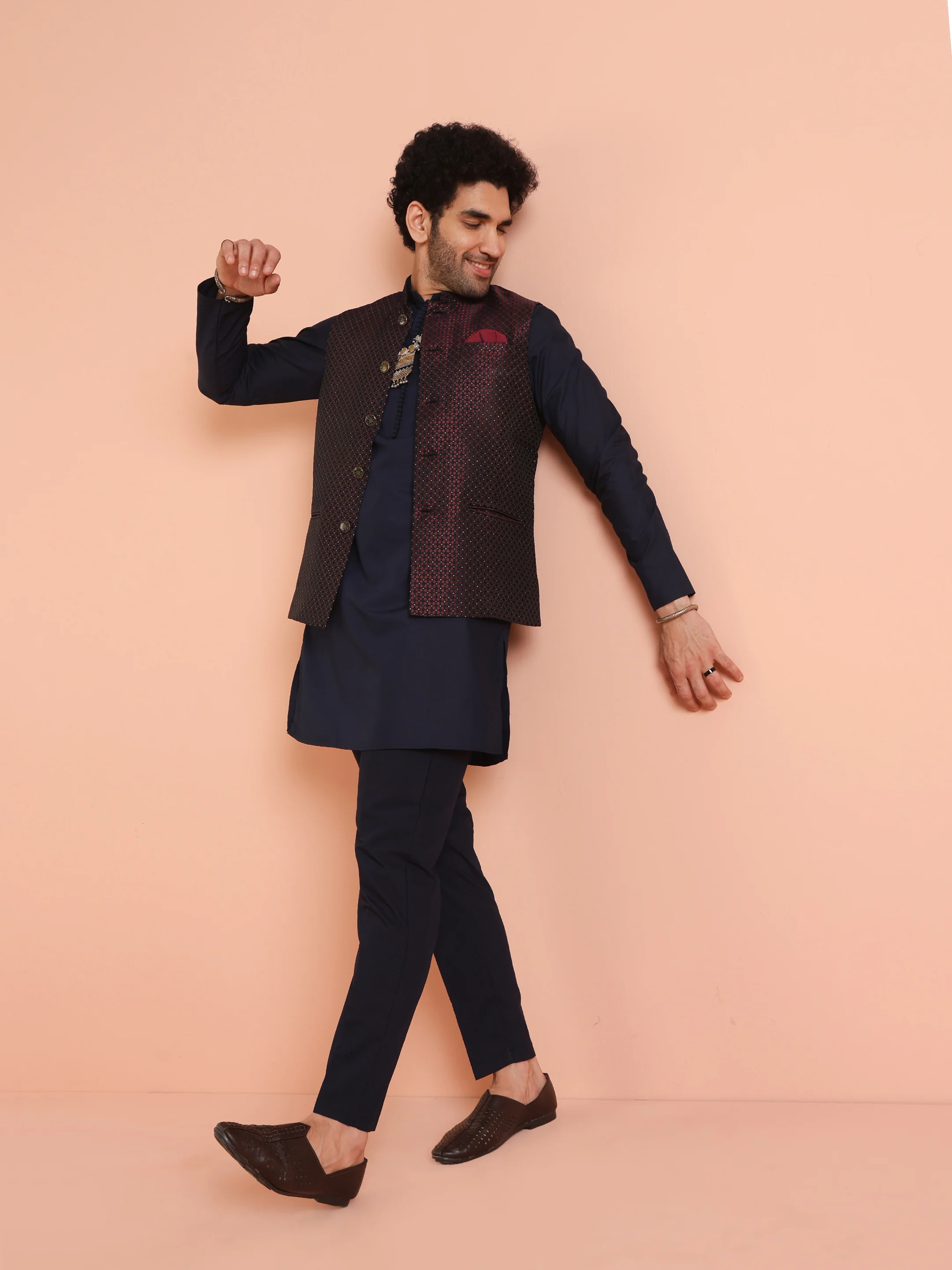 Wine Silk Blend Woven Nehru Jacket Kurta Trouser Set