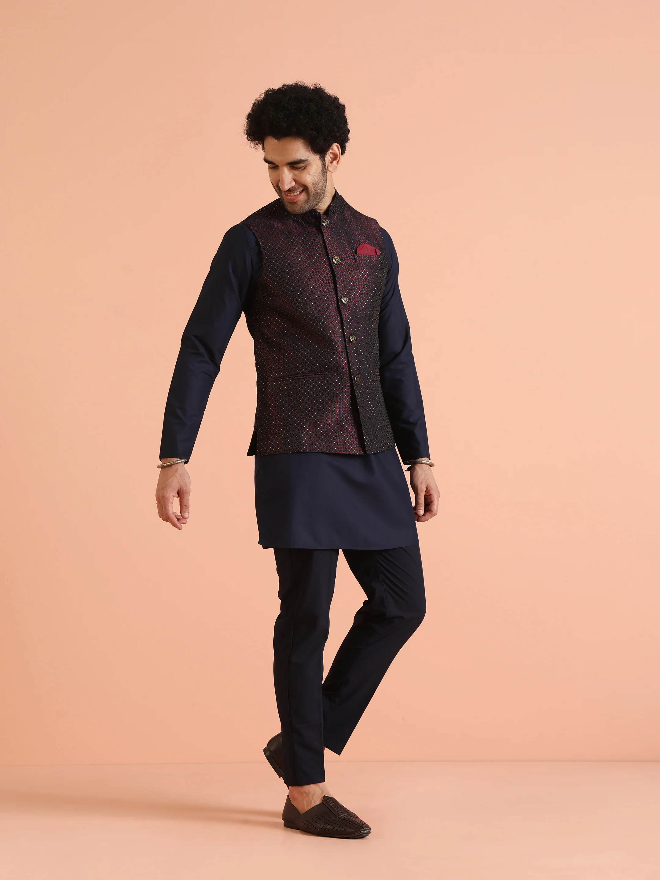 Wine Silk Blend Woven Nehru Jacket Kurta Trouser Set - Image 2