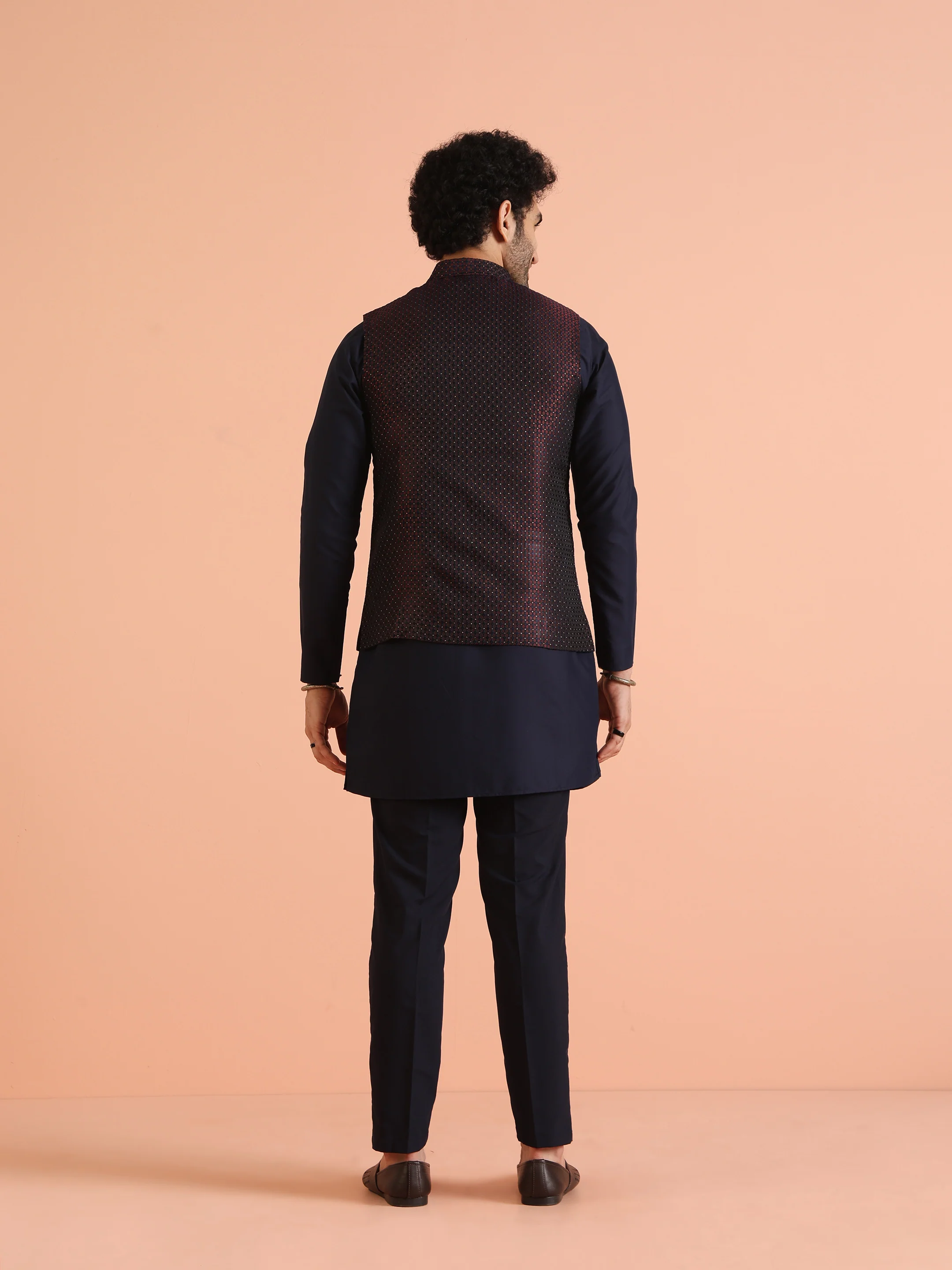 Wine Silk Blend Woven Nehru Jacket Kurta Trouser Set - Image 4