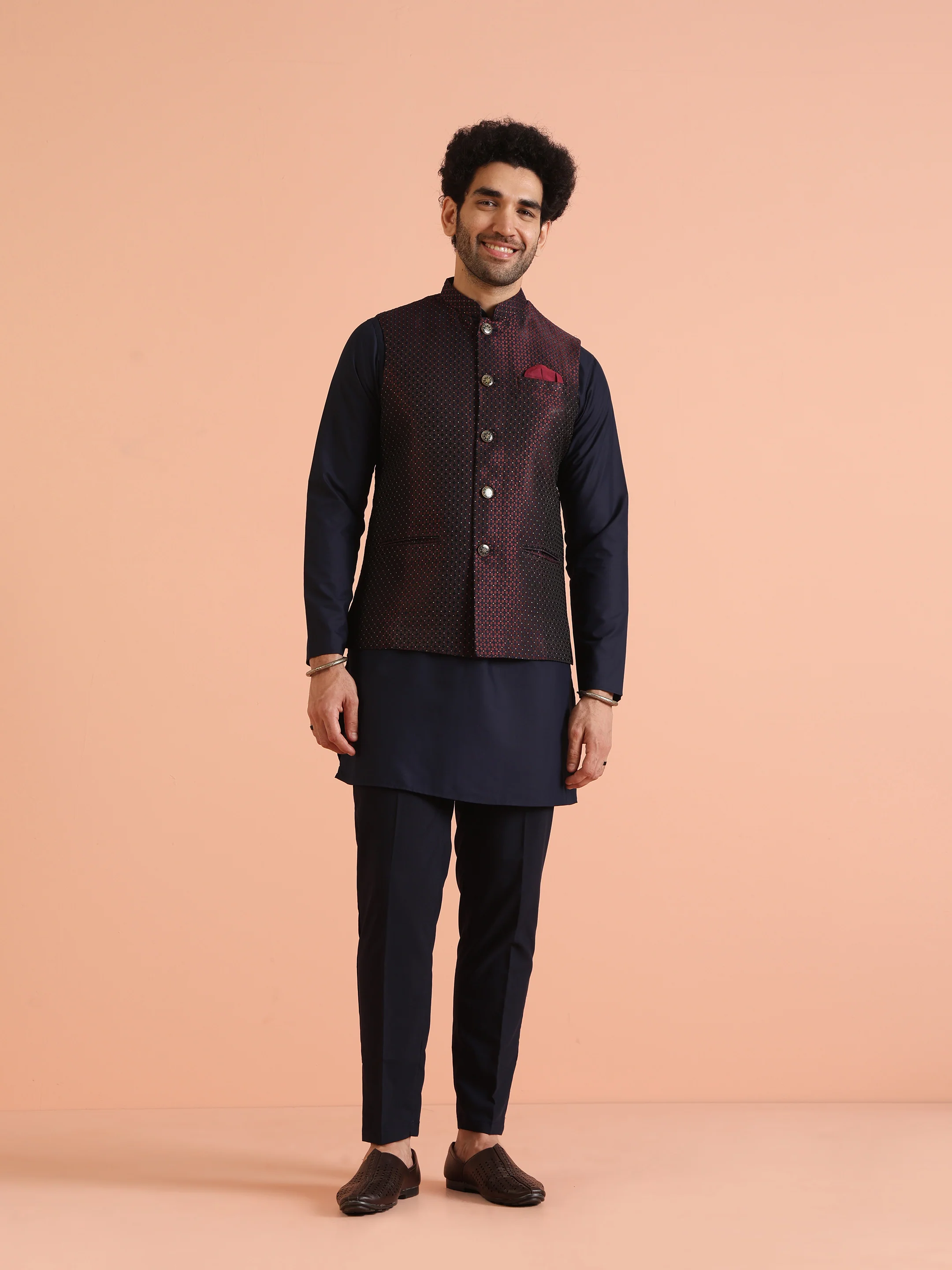 Wine Silk Blend Woven Nehru Jacket Kurta Trouser Set - Image 8