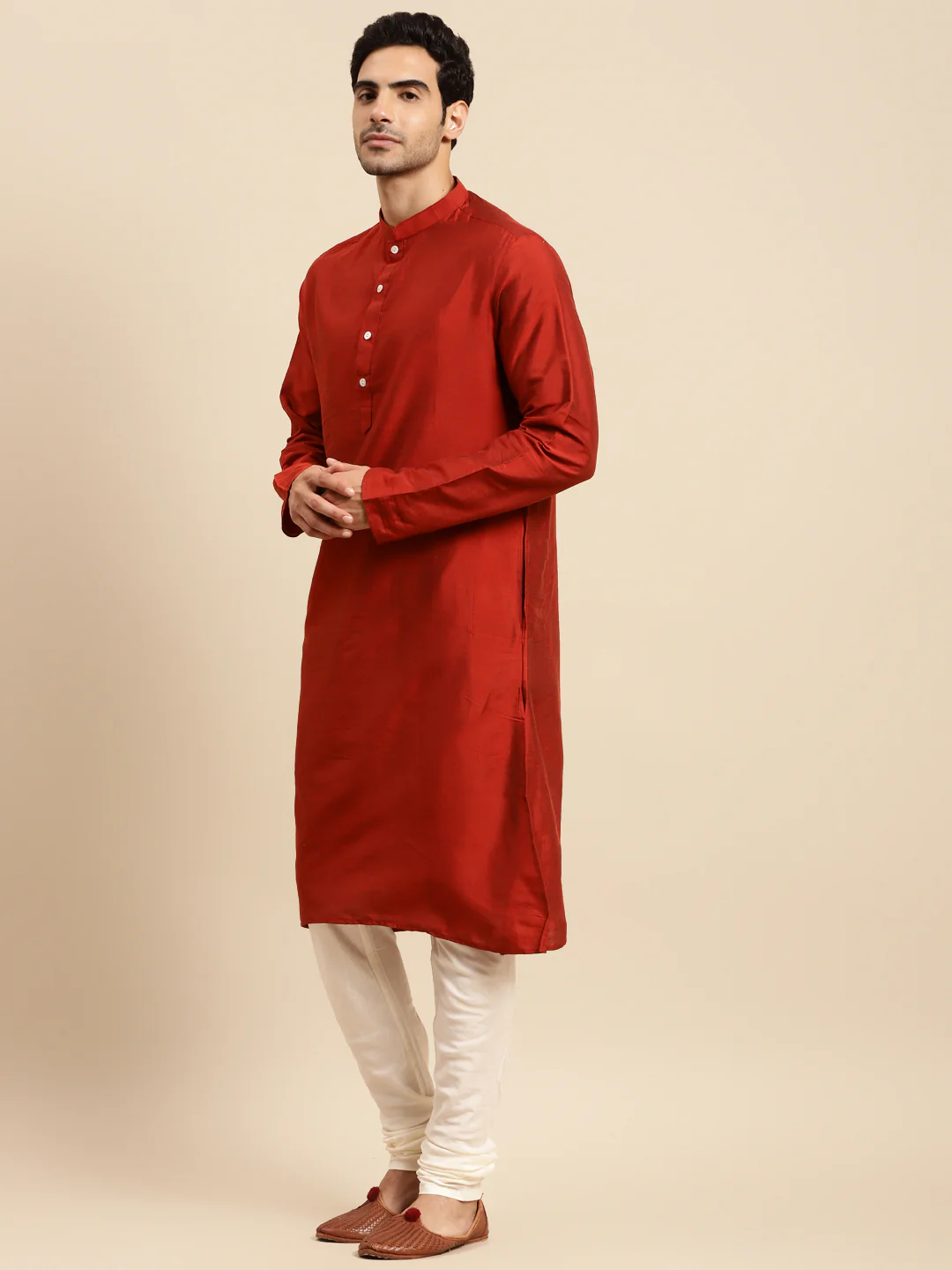 Men Red Kurta Churidar Set With Dupatta - Image 4