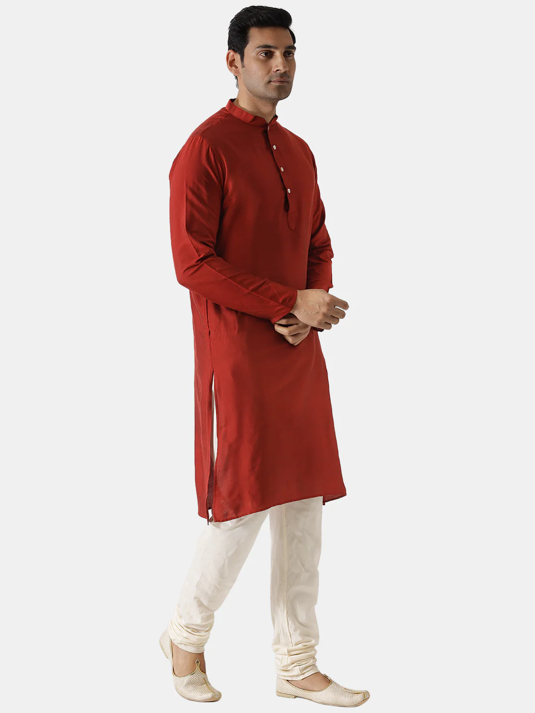 Men Red Solid Dyed Kurta - Image 2