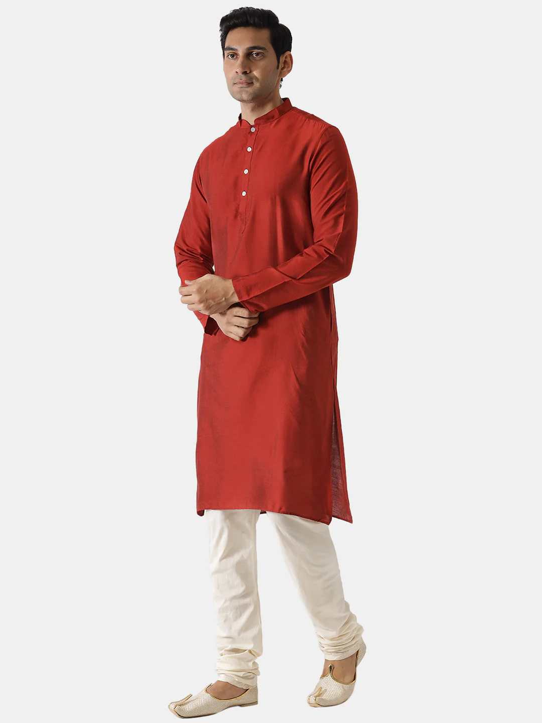 Men Red Solid Kurta Churidar Set - Image 3