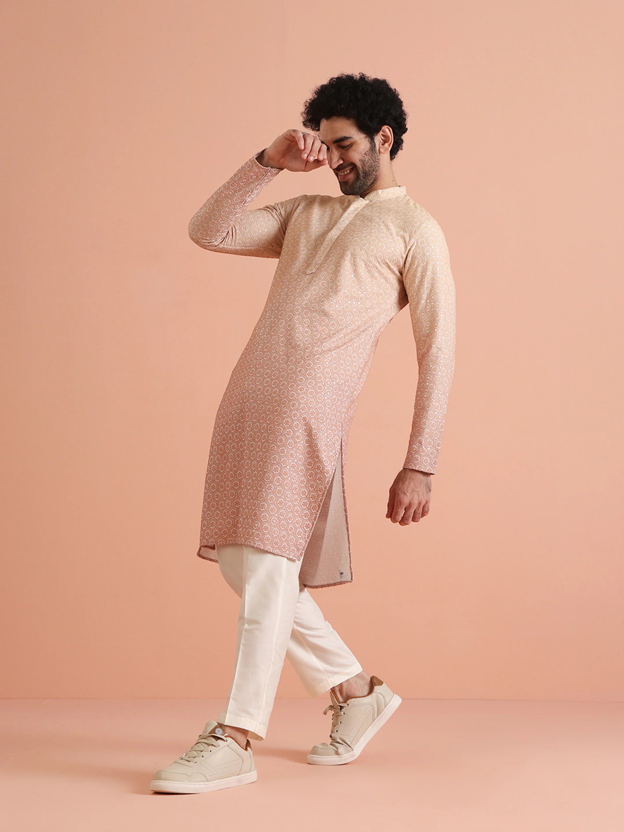 Beige Silk Blend Jacquard Kurta - Image 3