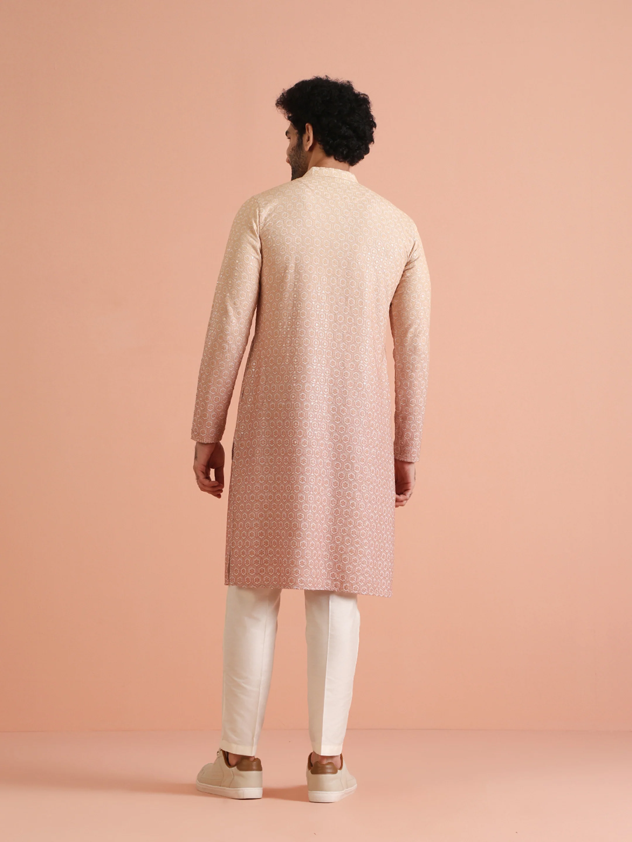 Beige Silk Blend Jacquard Kurta with Trouser - Image 4