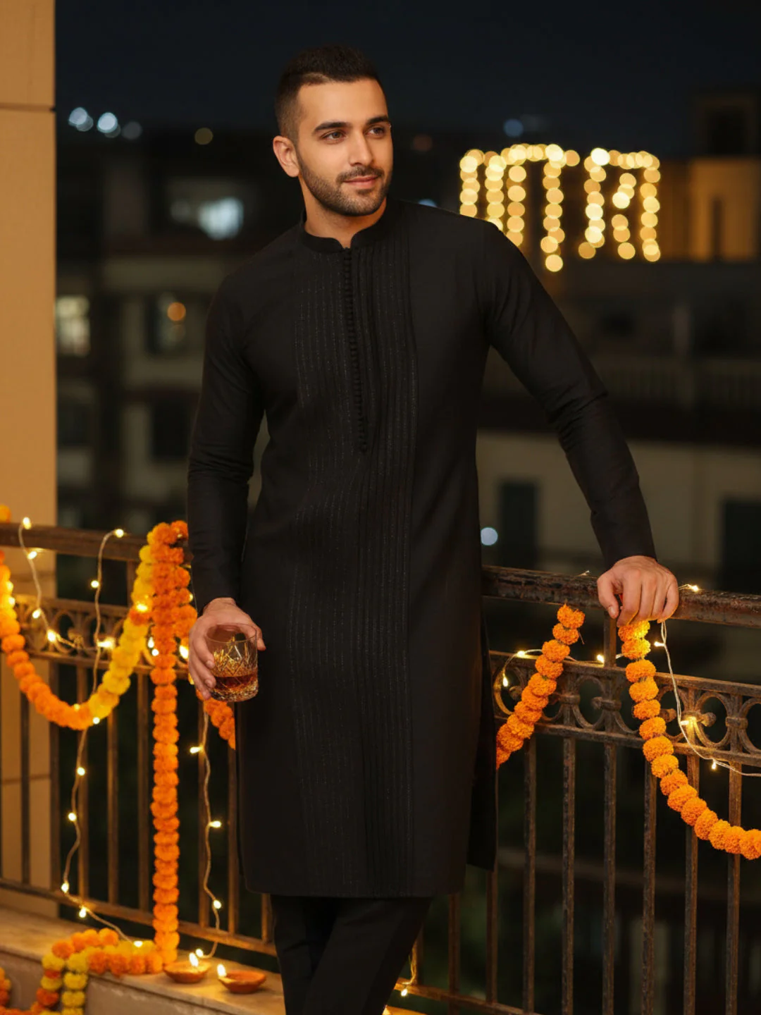 Kisah Men’s Black Cotton Silk Kurta Trouser Set – Pintuck Detail – Solid Ethnic Outfit – Festive Wear