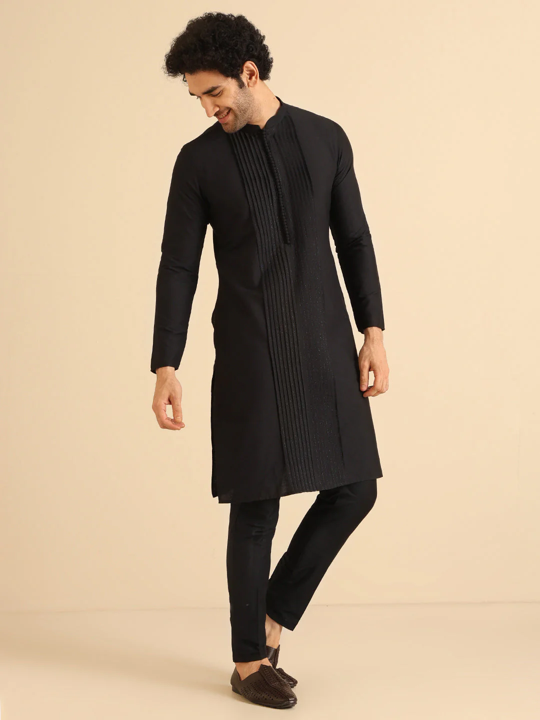 Kisah Men’s Black Cotton Silk Kurta Trouser Set – Pintuck Detail – Solid Ethnic Outfit – Festive Wear - Image 3
