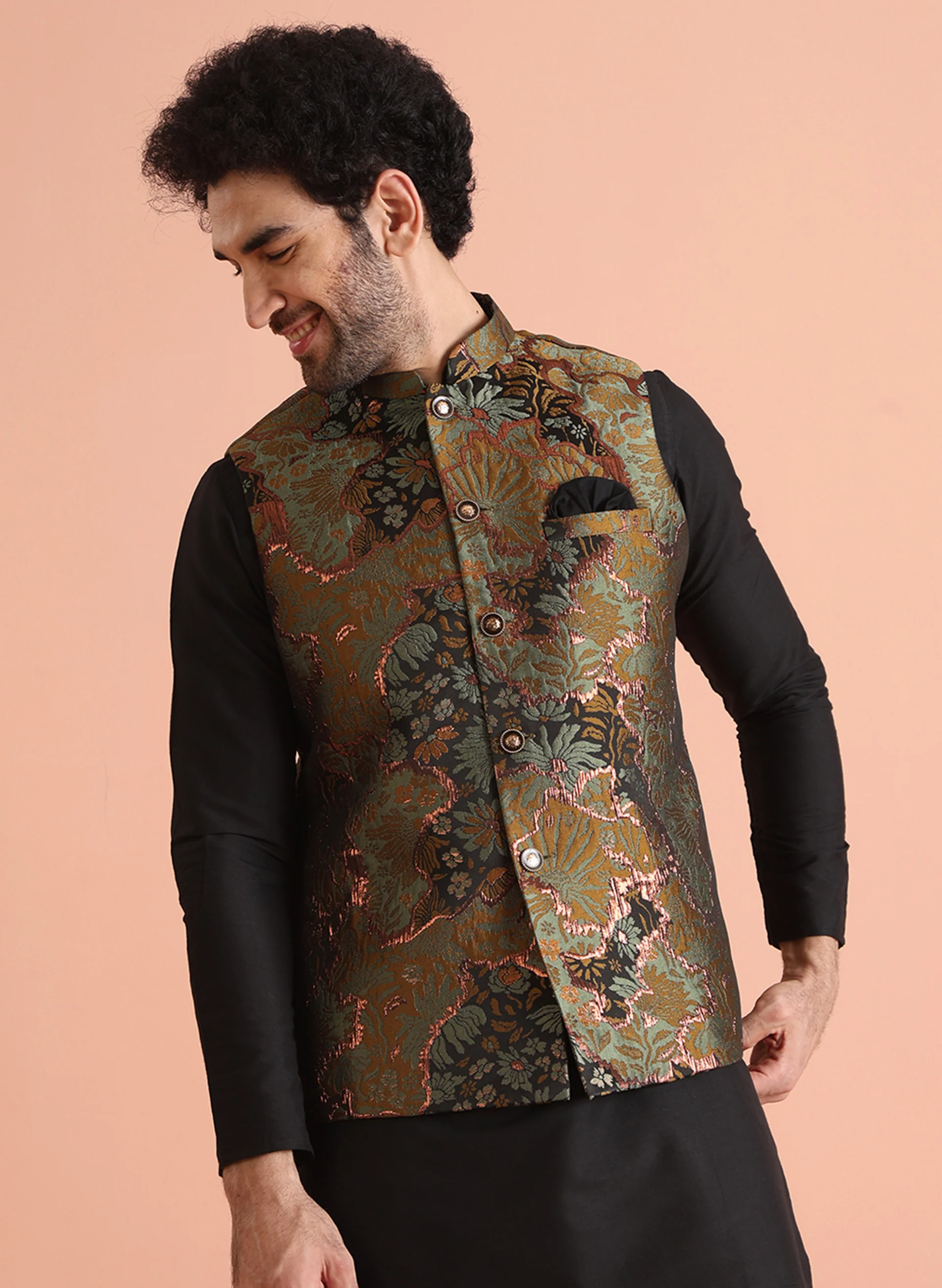 Black Art Silk Metallic Floral Nehru Jacket