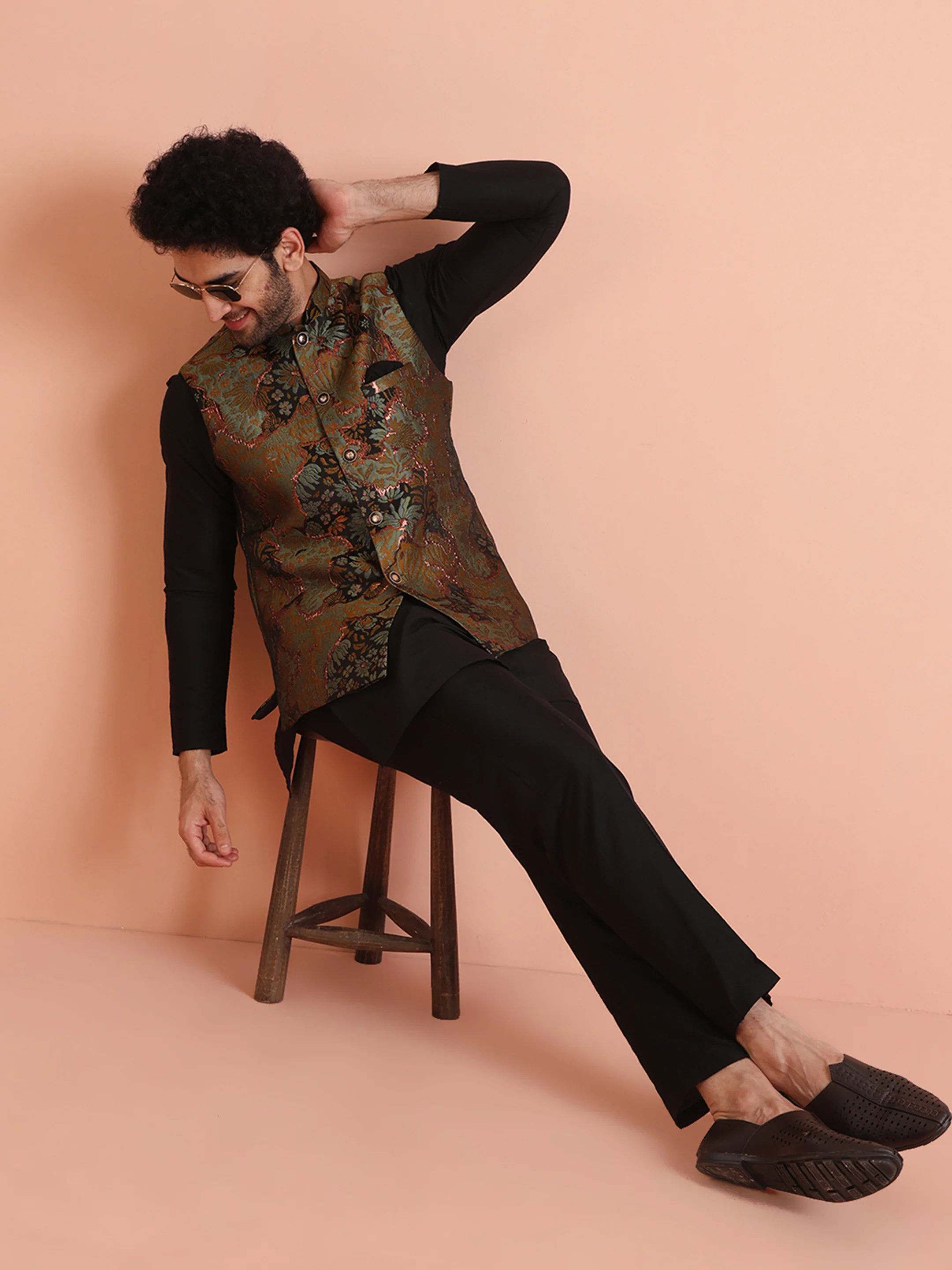 Black Art Silk Metallic Floral Nehru Jacket - Image 6