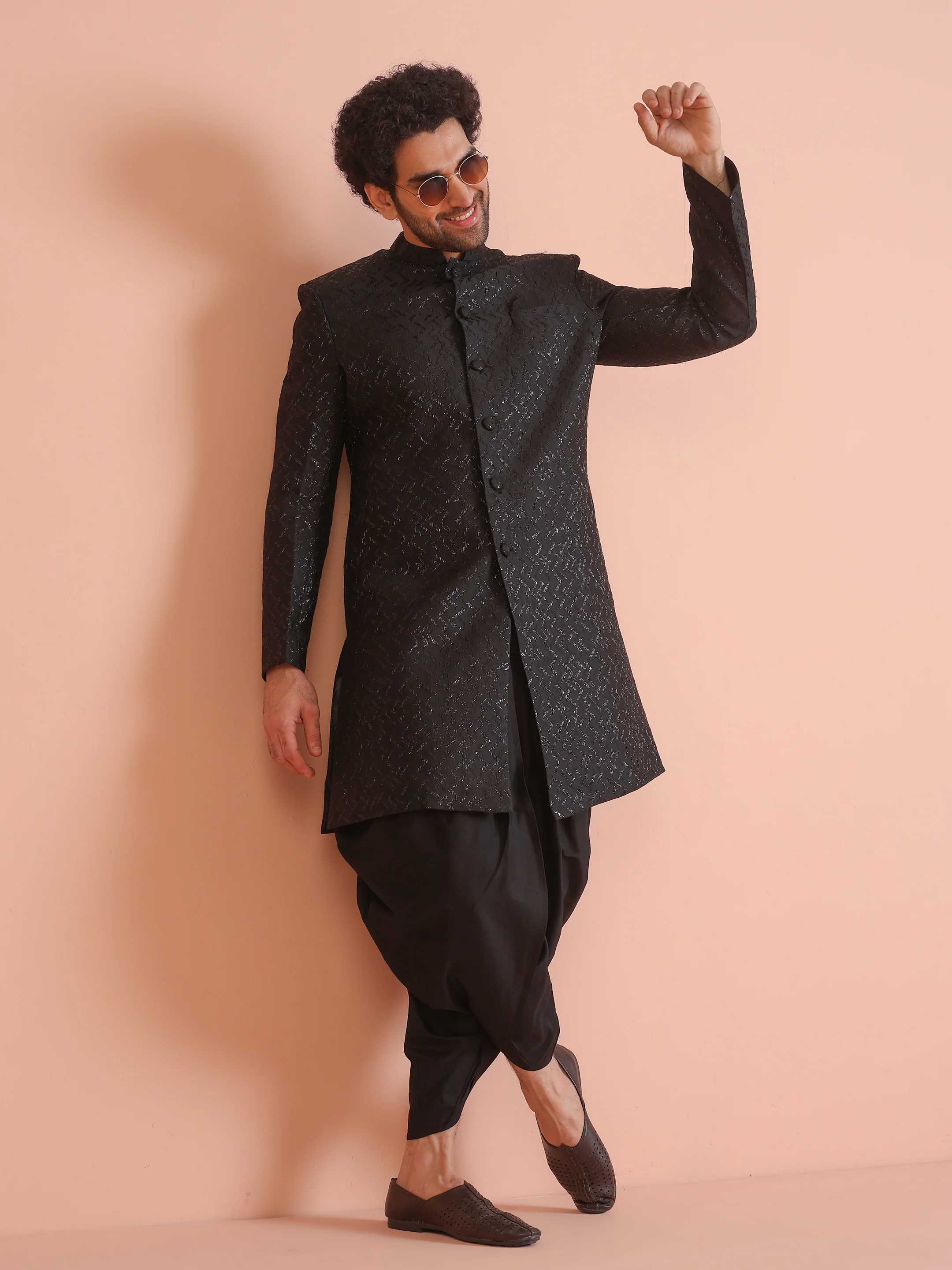 Men Shinny Black Indowestern Dhoti Pant Set
