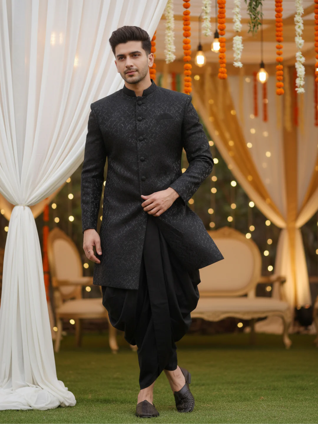 Men Shinny Black Indowestern Dhoti Pant Set - Image 10