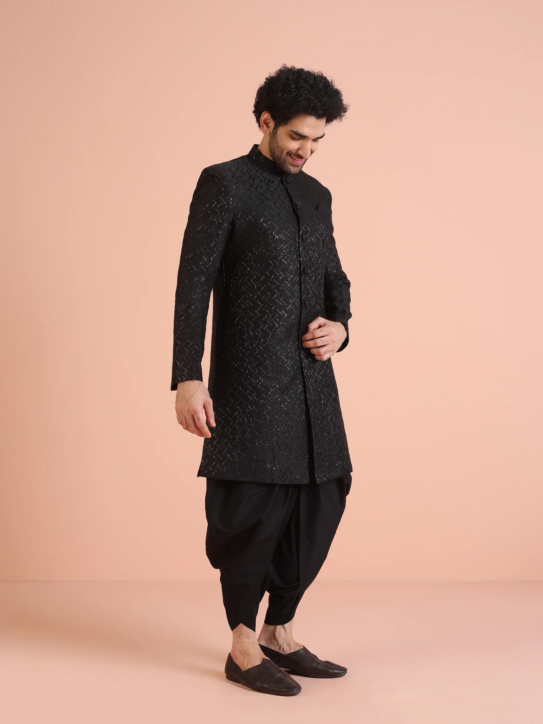 Men Shinny Black Indowestern Dhoti Pant Set - Image 3