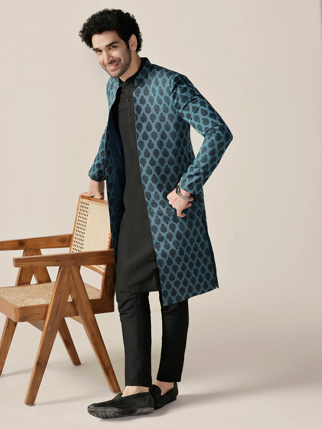 Men Blue Textured Open Kurta Indowestern Trouser Set