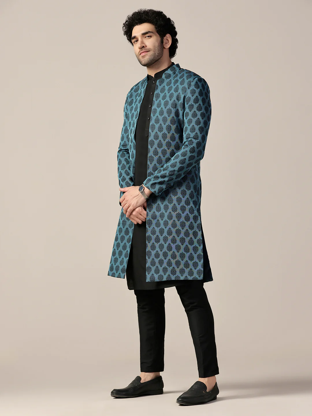 Men Blue Textured Open Kurta Indowestern Trouser Set - Image 3