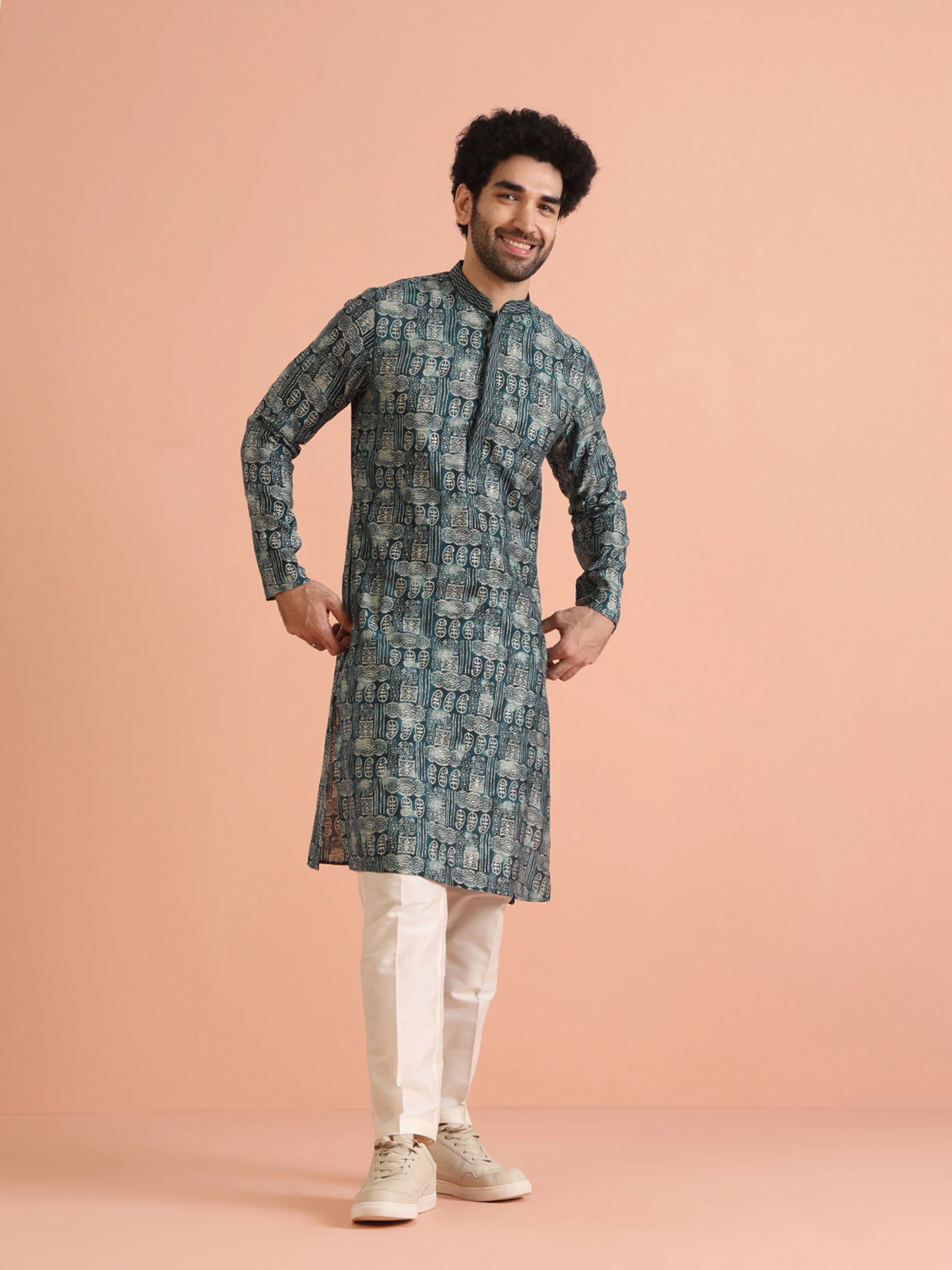 Men Turquoise Blue Paisley Kurta Trouser Set