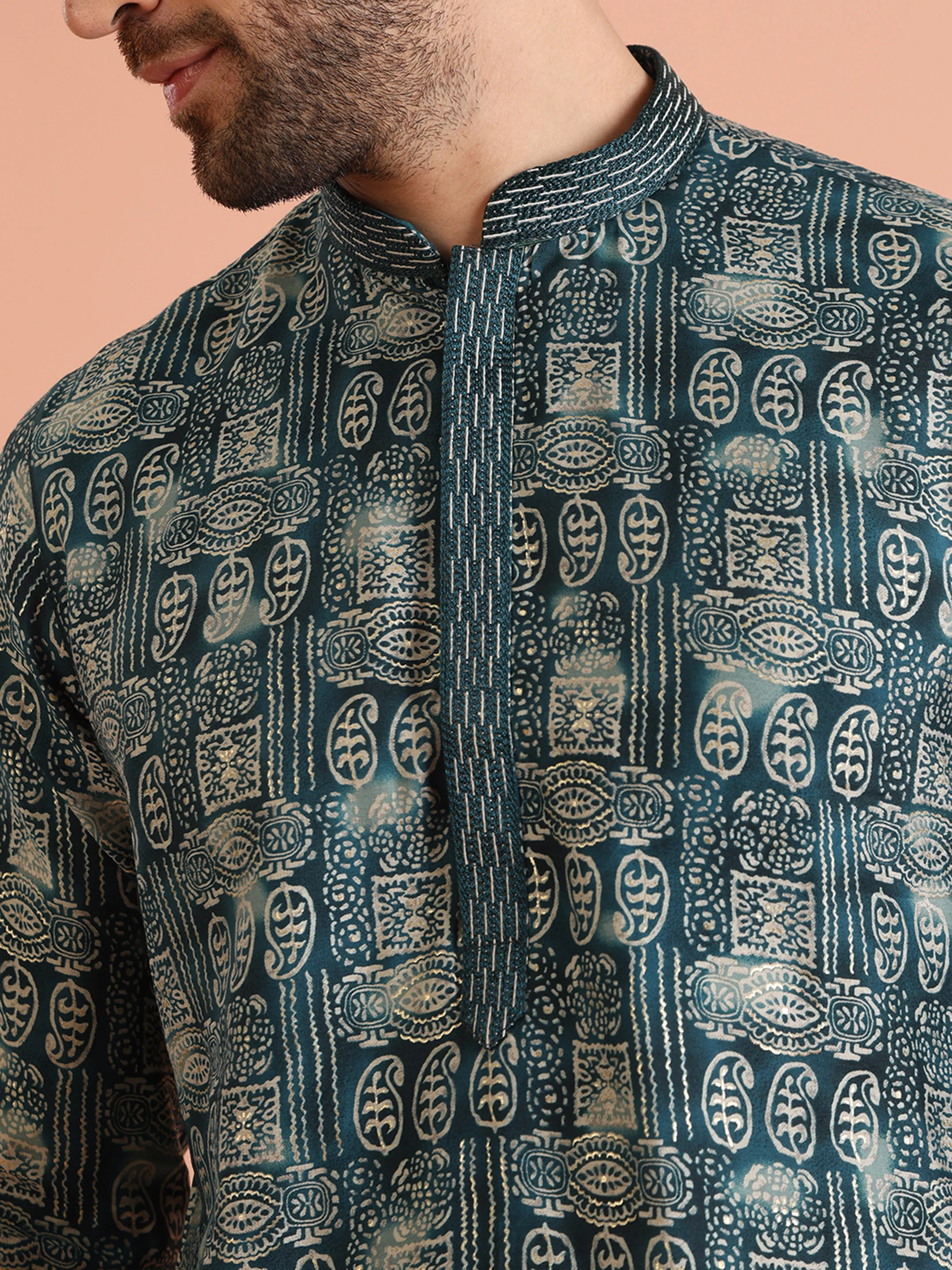 Men Turquoise Blue Paisley Kurta Trouser Set - Image 5