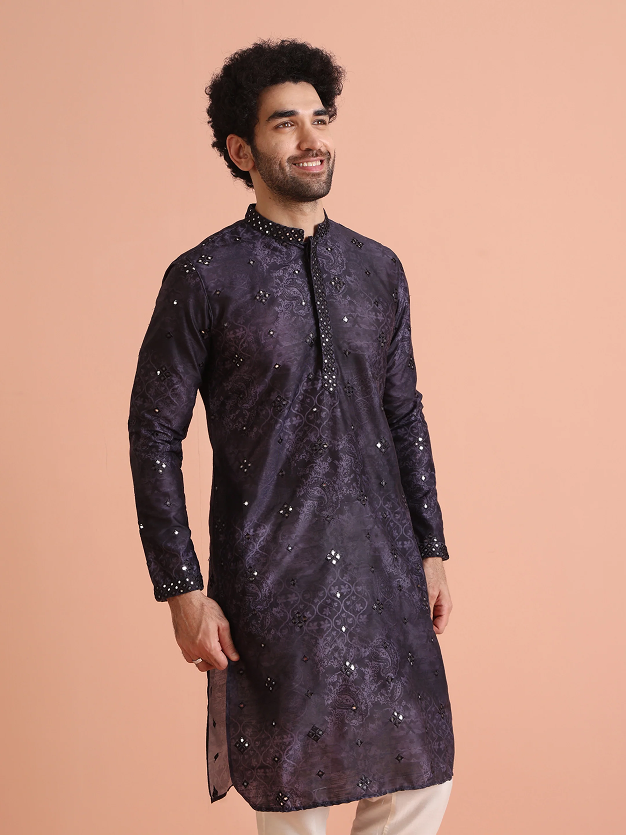 Black Mirror Work Silk Blend Kurta - Image 3