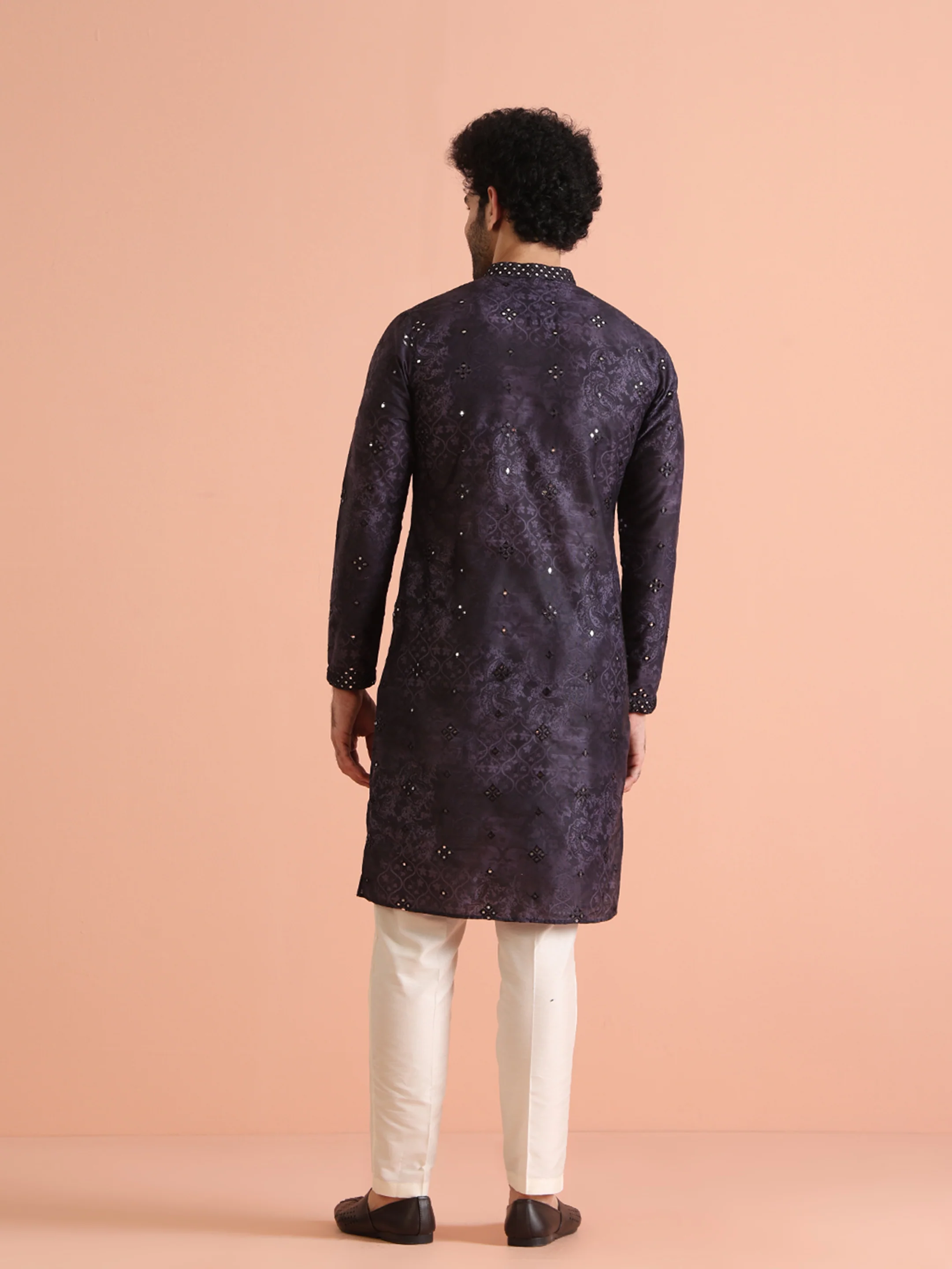 Black Mirror Work Kurta Cream Trouser Set - Image 5