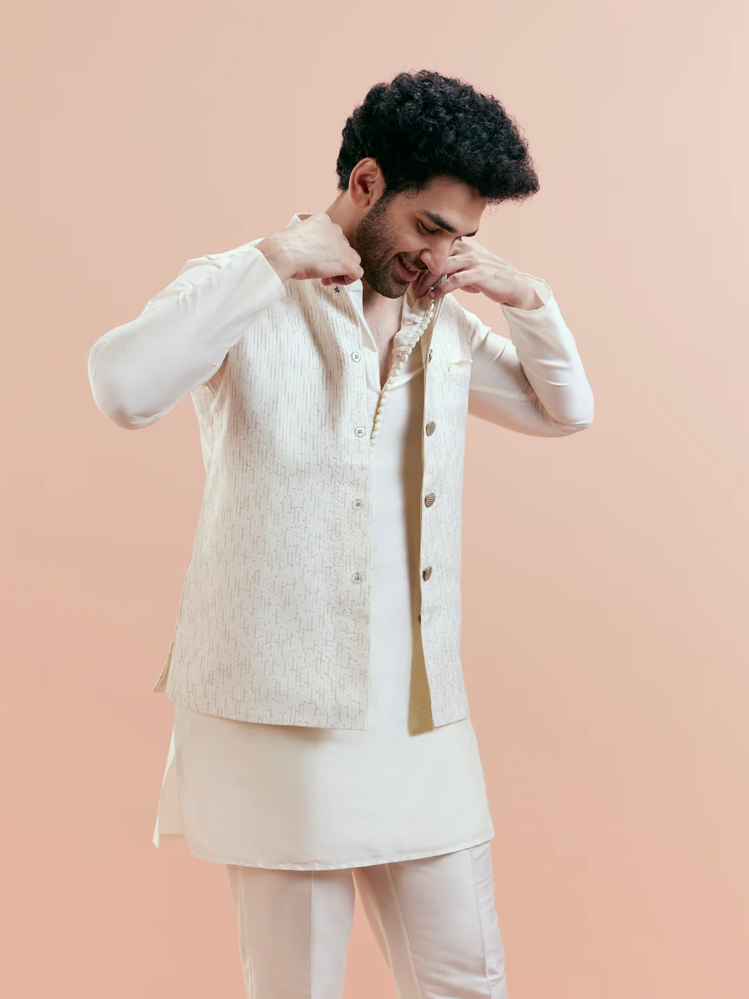 Off White Embroidered Jacket Kurta Trouser Set - Image 9