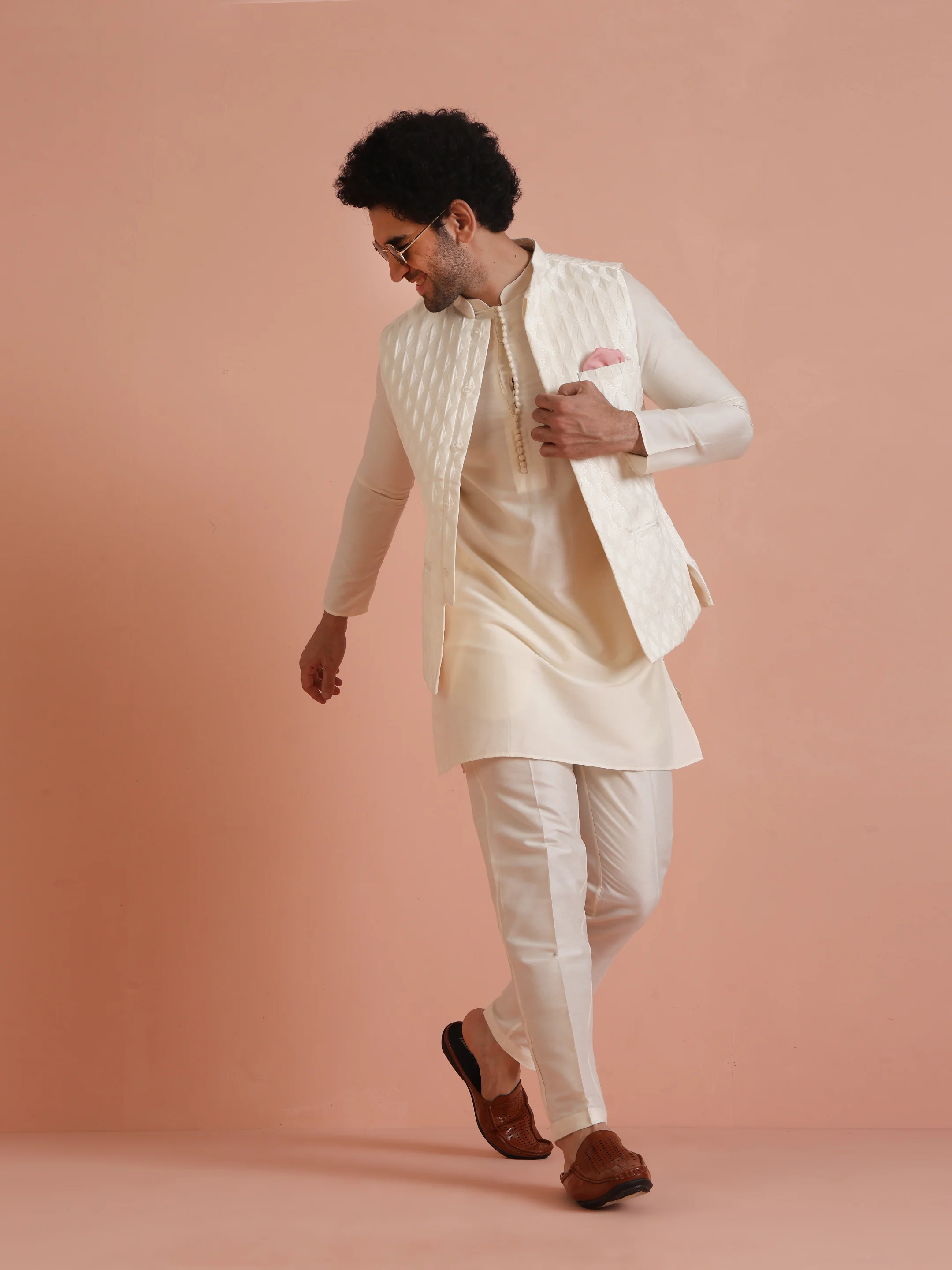 Cream Silk Blend Textured Nehru Jacket Kurta Set