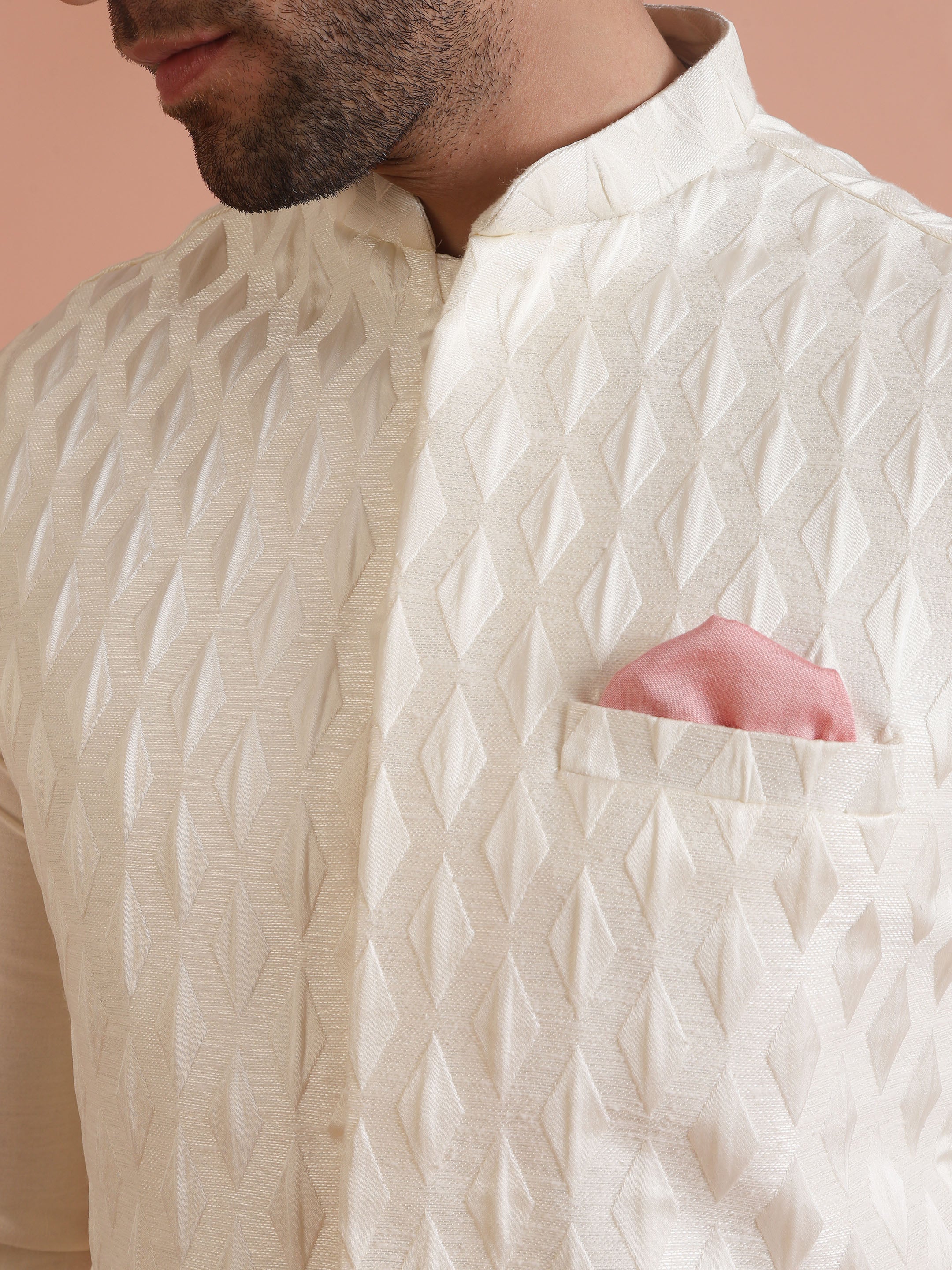 Cream Silk Blend Textured Nehru Jacket Kurta Set - Image 5