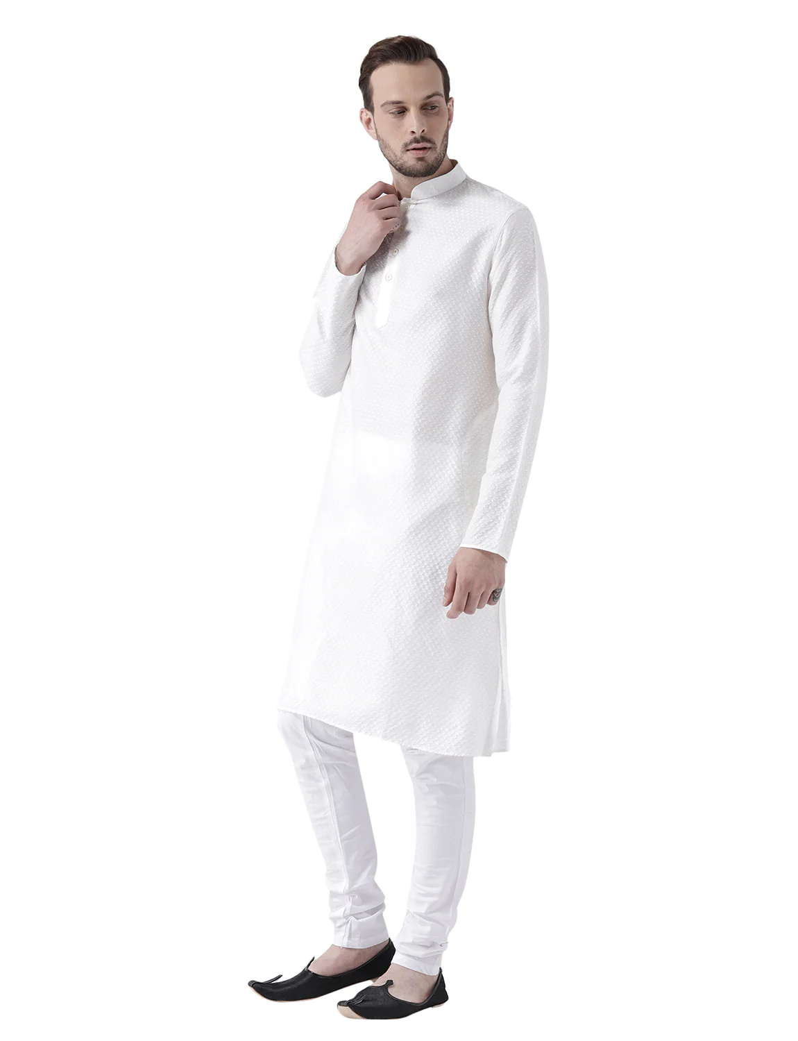 White Jacquard Kurta Churidar Set - Image 3