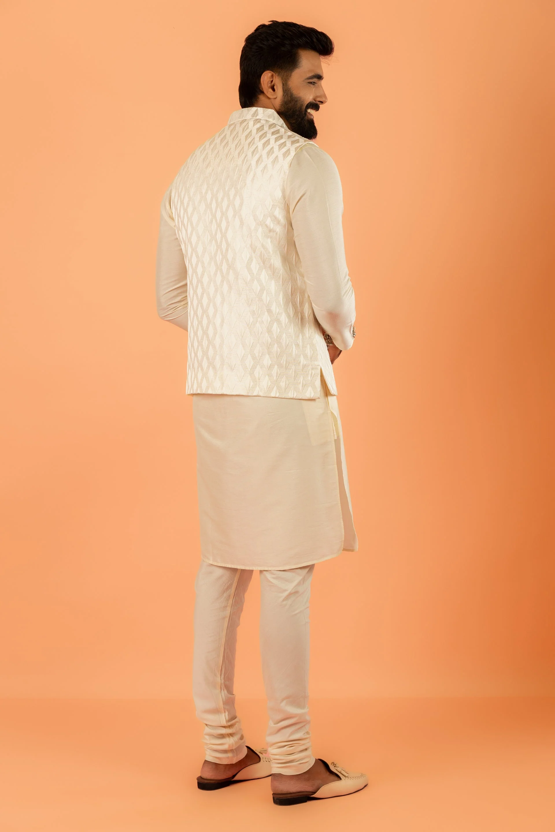 Cream Art Silk Textured Nehru Jacket - Image 13