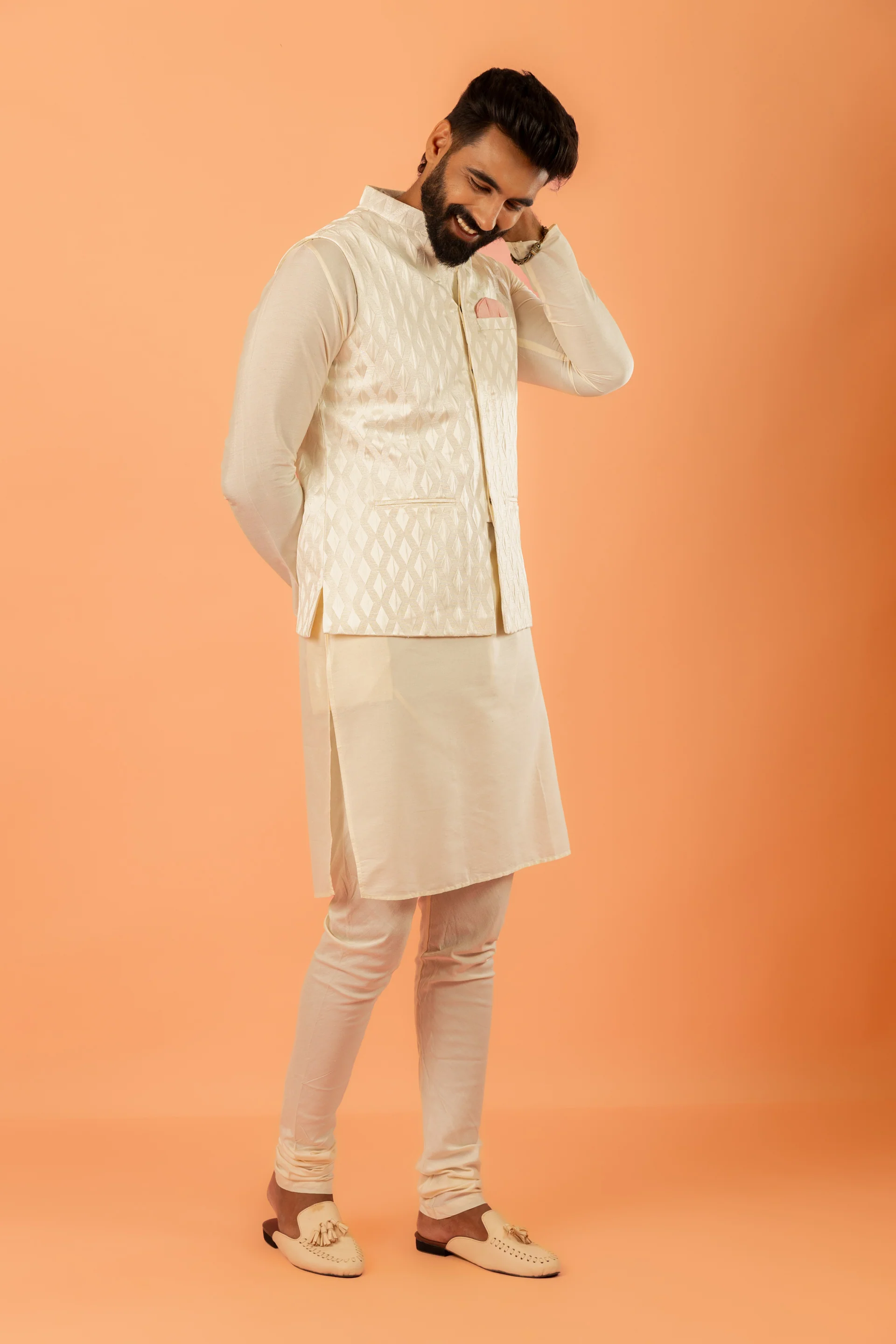 Cream Art Silk Textured Nehru Jacket - Image 3