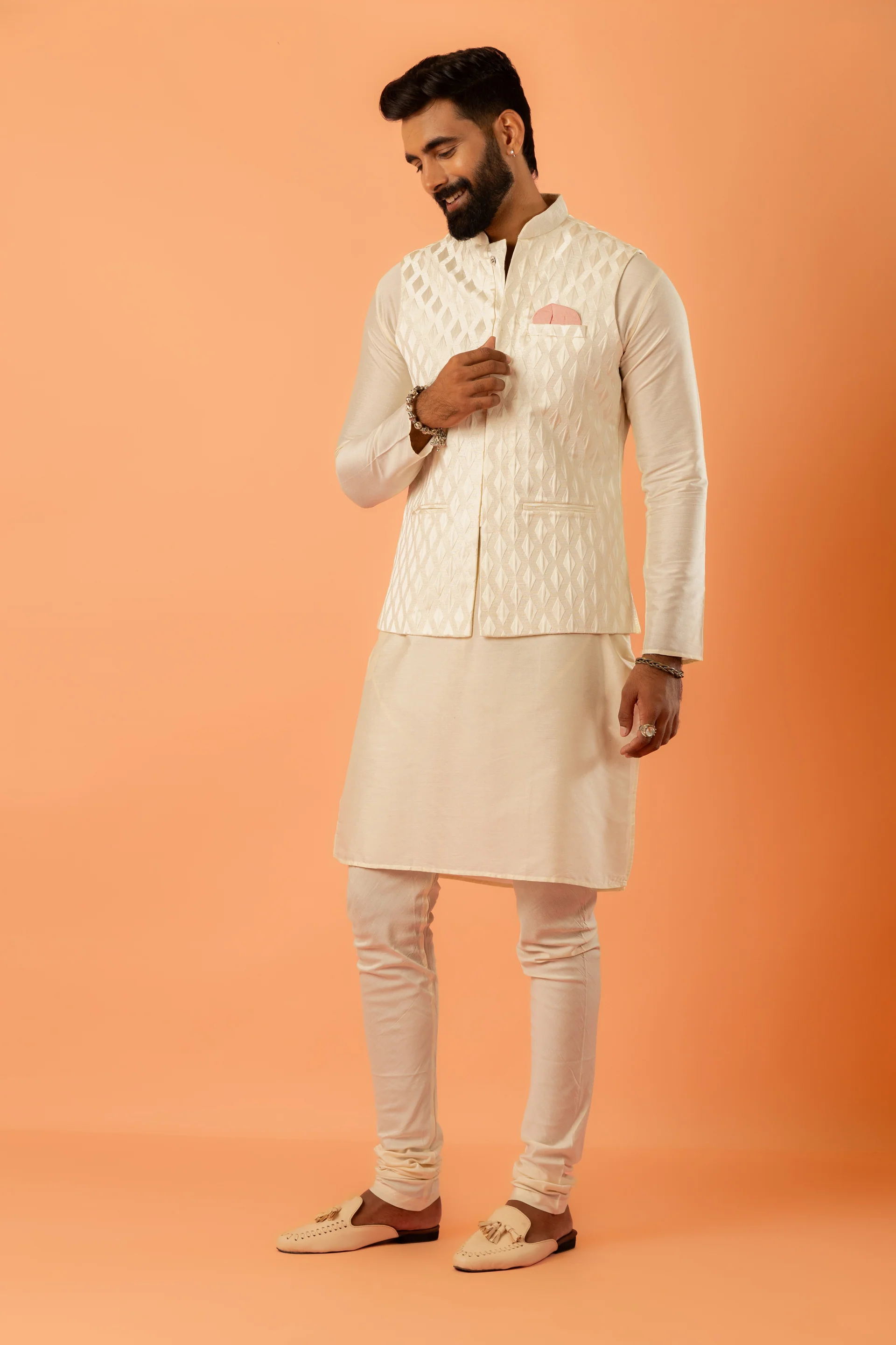 Cream Art Silk Textured Nehru Jacket - Image 4